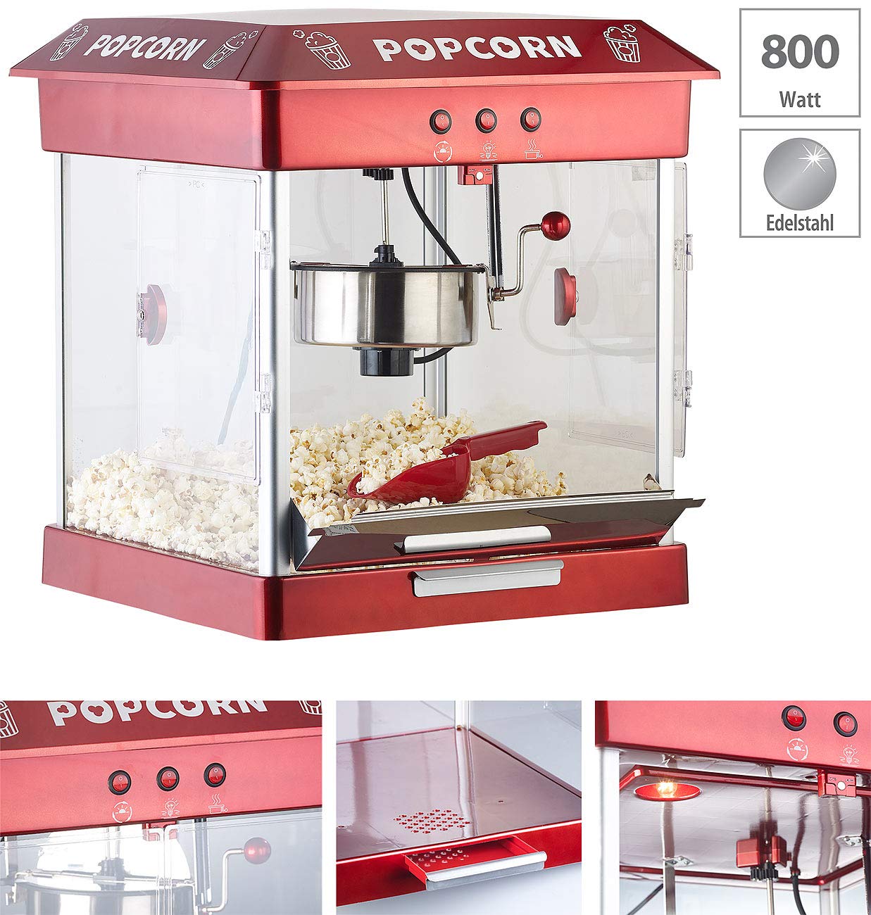 Rosenstein & Söhne máquina palomitas para gastronomía: Pro-Gastro- Máquina de palomitas, Circo, con cacerola de acero inoxidable antiadherente, 800 vatios (profesional maíz, profesional, cocina)