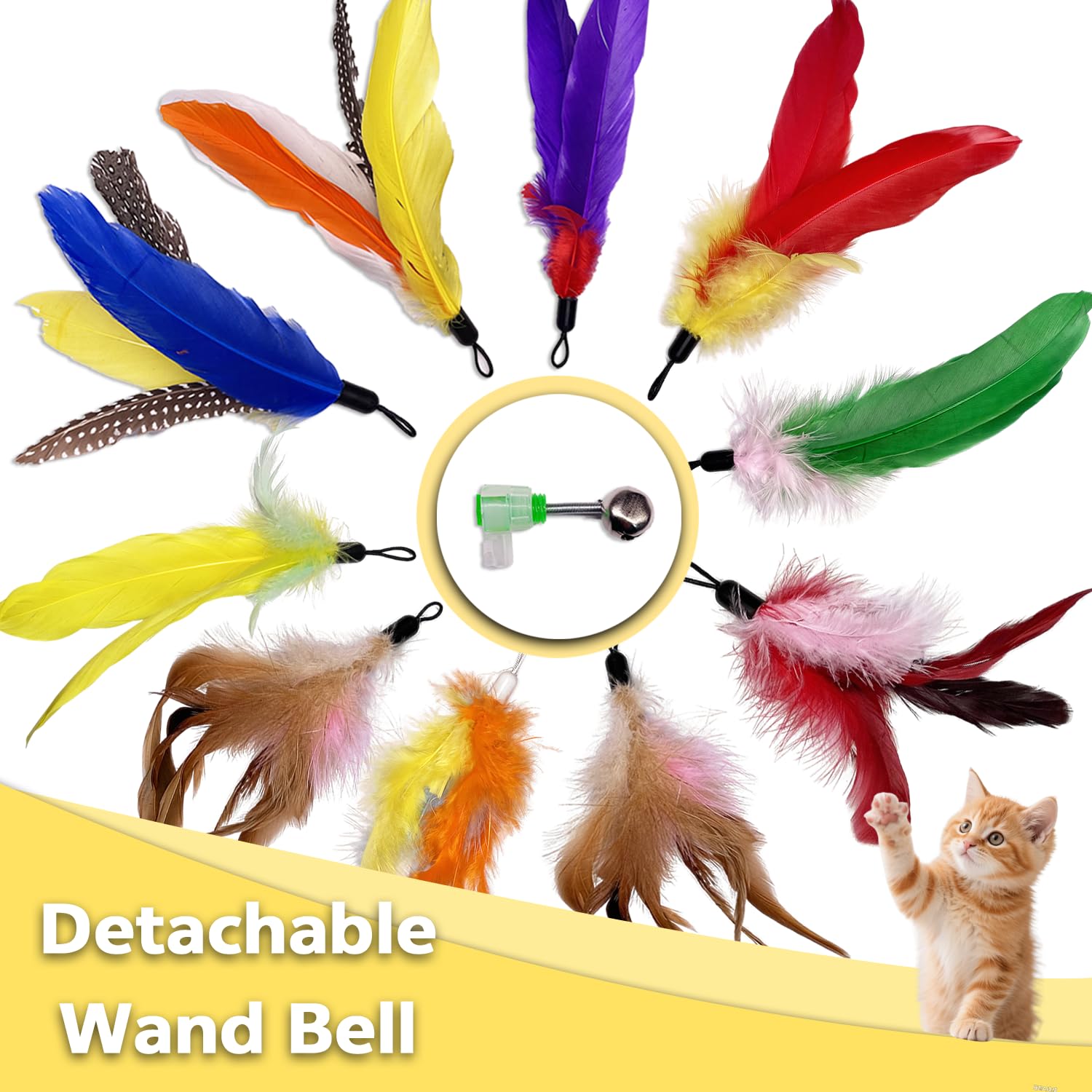 10 piezas de repuesto de juguete de plumas de gato con clips, juguetes de fijación de varita de gato con campana extraíble, repuesto de plumas naturales coloridas para gatos de interior