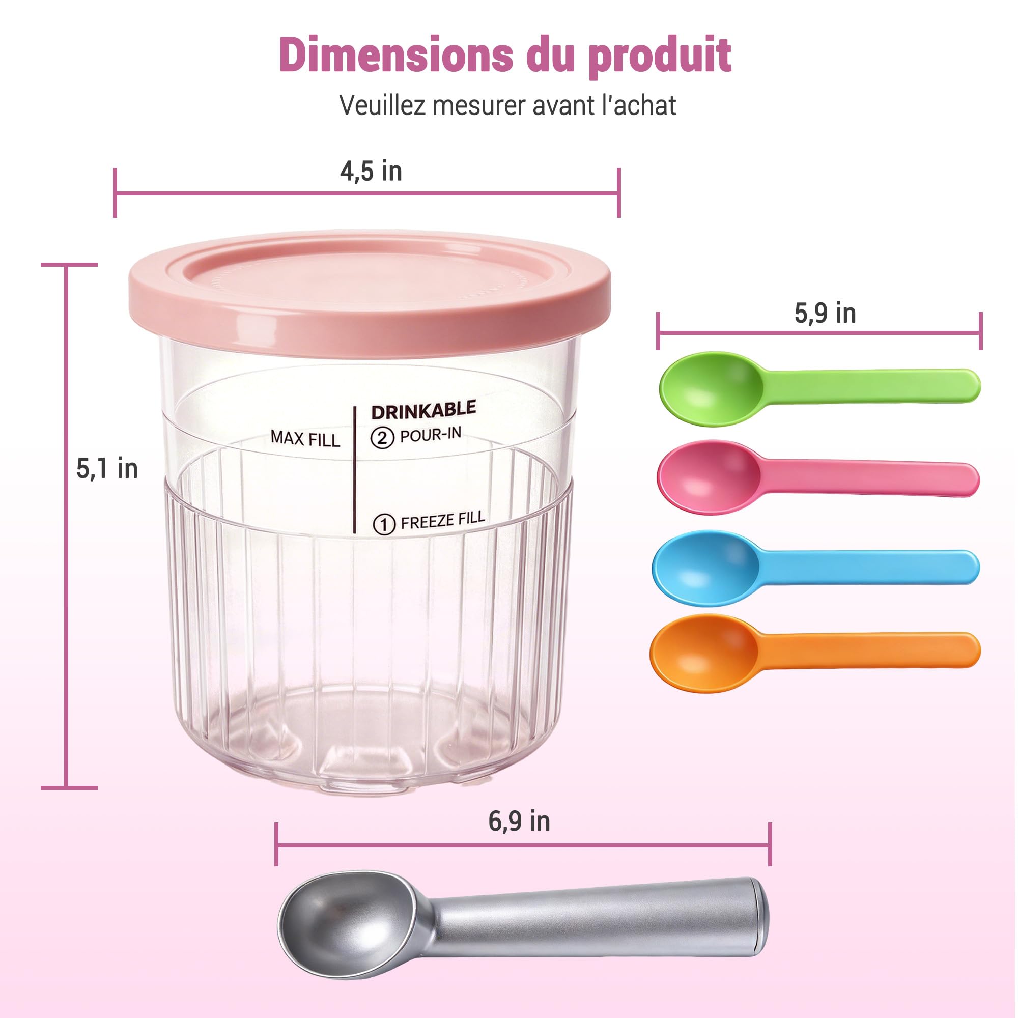 Lot de 4 récipients pour pintes Ninja Creami Deluxe - Accessoires pour Ninja Creami NC501 NC500 Series - Sans BPA - Compatible avec les pintes et couvercles Ninja Creami Deluxe