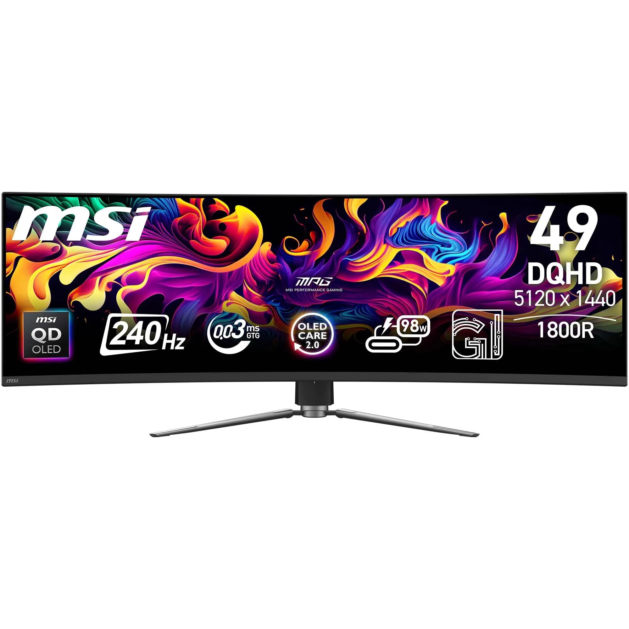 MSI MPG 491CQPX QD-OLED 49" Monitor, DQHD 5120x1440 1800R, 240Hz, 0.03ms, DisplayHDR True Black 400, G-SYNC, FreeSync Premium Pro, HDMI 2.1, DP 1.4a, USB-C (98W PD), Nero