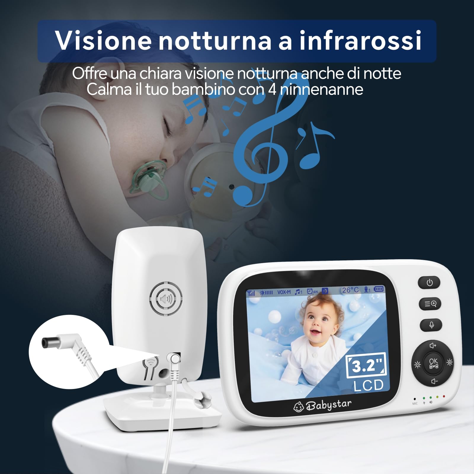 Babystar Babyphone con fotocamera, video da 3,2 pollici, visione notturna, monitoraggio della temperatura, modulo VOX a due vie, baby monitor da 2,4 GHz, ideale per genitori