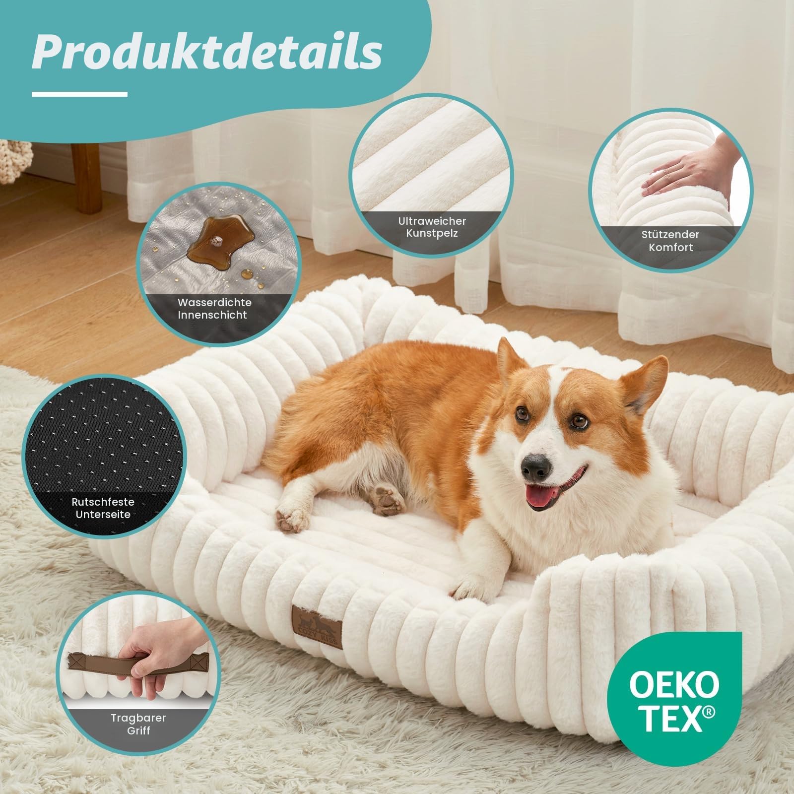 COZY KISS Orthopädisches Waschbares Hundebett, für Katze und Kleiner Hunde, Weicher Kunstfell Hundekorb, Haustiersofa mit Hoher Umrandung, Rutschfestes, 64 x 53 x 15 cm, Beige