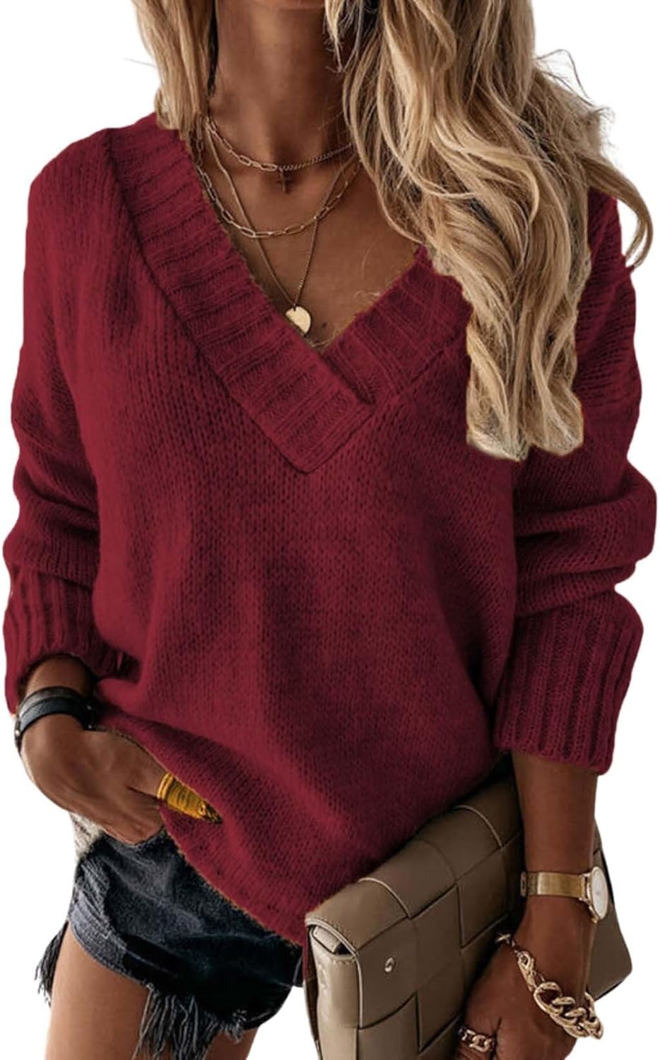 Womens Loose Sweater Sexy V Neck Long Sleeve Solid Color Knit Pullover Sweater Pullover Top