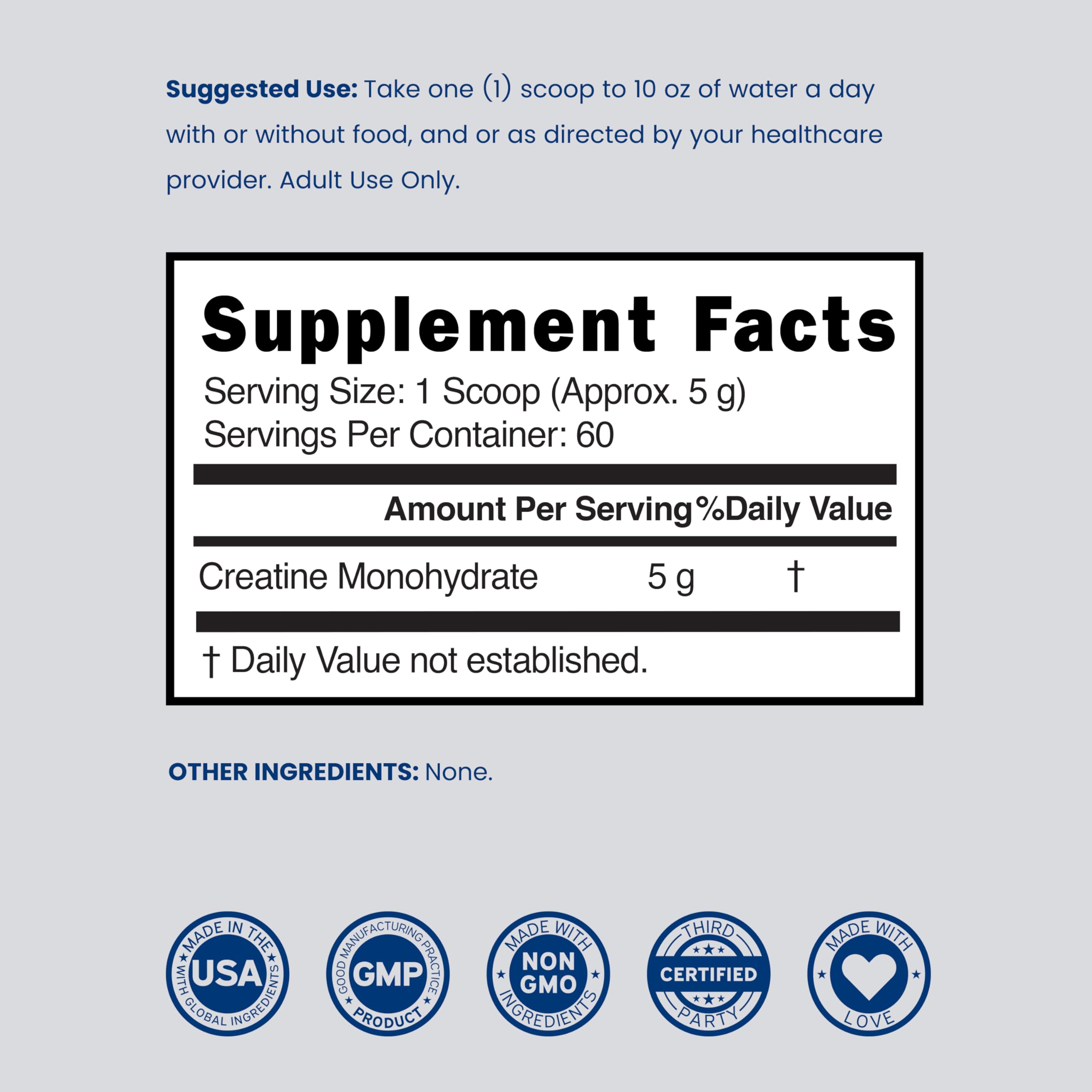 Creatine Monohydrate Powder 5G l Micronized & Unflavored l 60 Servings 5000mg per Serving l Pure Creatine Supplement for Men & Women l Supports Muscle Growth, Energy & Recovery l Non-GMO & Vegan