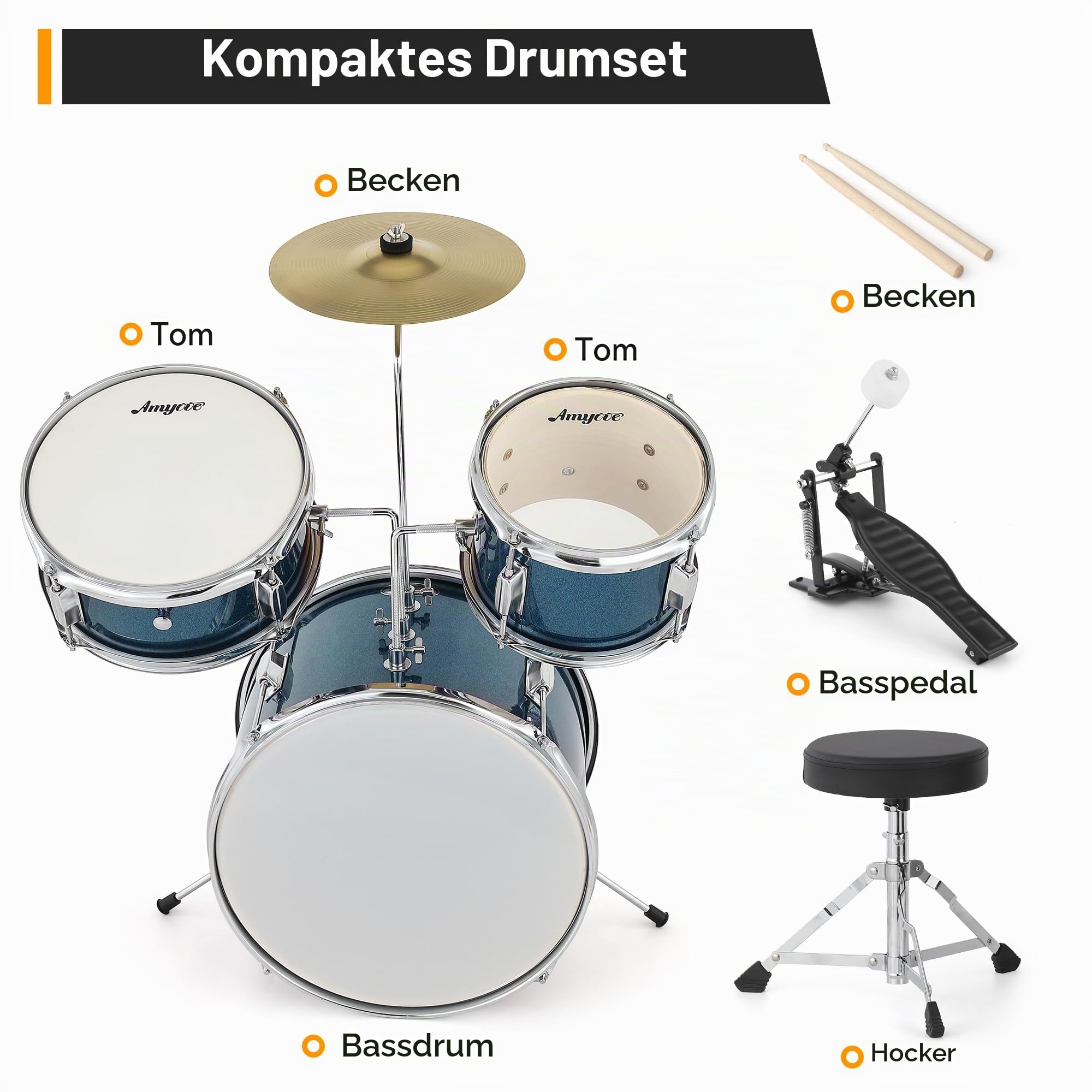 Kinder-Schlagzeug 3-Teilig Schlagzeugset – Kompaktes Schlagzeug Für Anfänger mit Bass Drum, Snare, Tom, Becken & Hocker – Hartholz & Stahl, Blau, für Konzert & Übung ab 6 Jahren