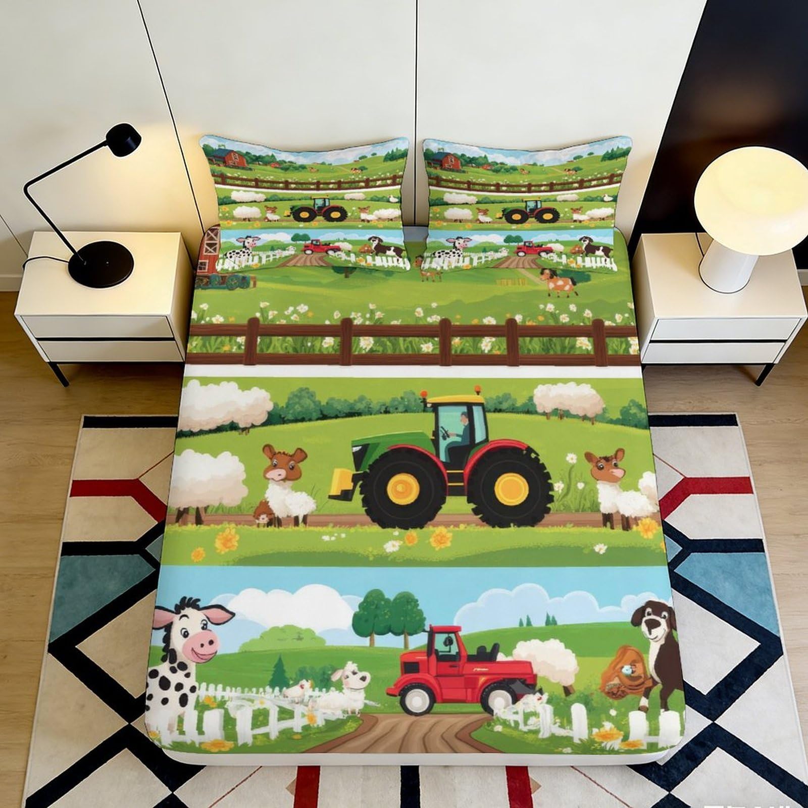 3D Printed Farm Tractor Fitted Sheet Microfiber Soft Green Meadow Animal Mattress Cover for Bedroom Dorm Protection Decor 140x200x25cm