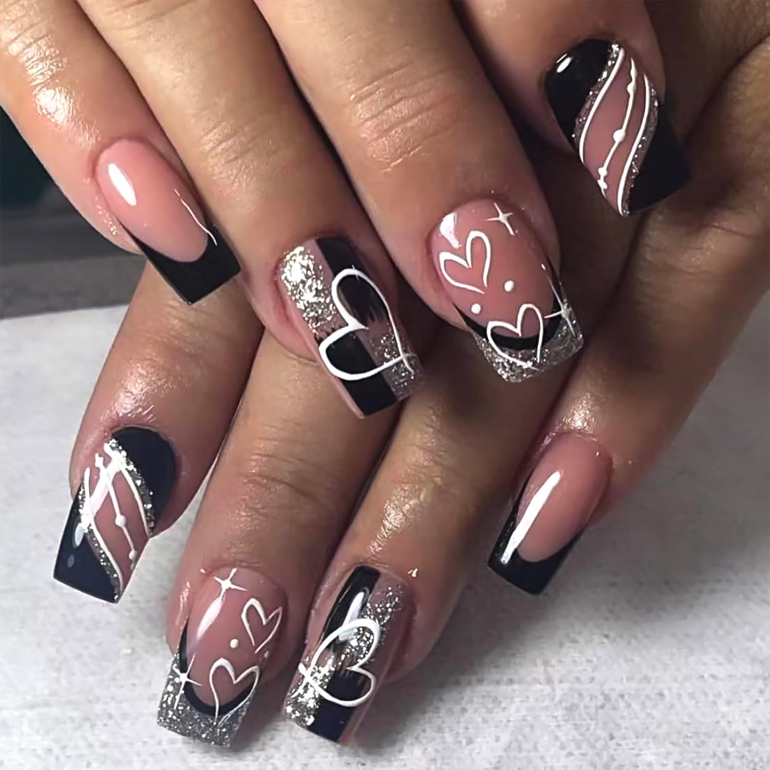 24Pcs French Tip Press on Nails Medium Square Fake Nails White Heart with Black Silver Glitter Nail Tips Design Nude Full Cover Glue on Nails Romantic
