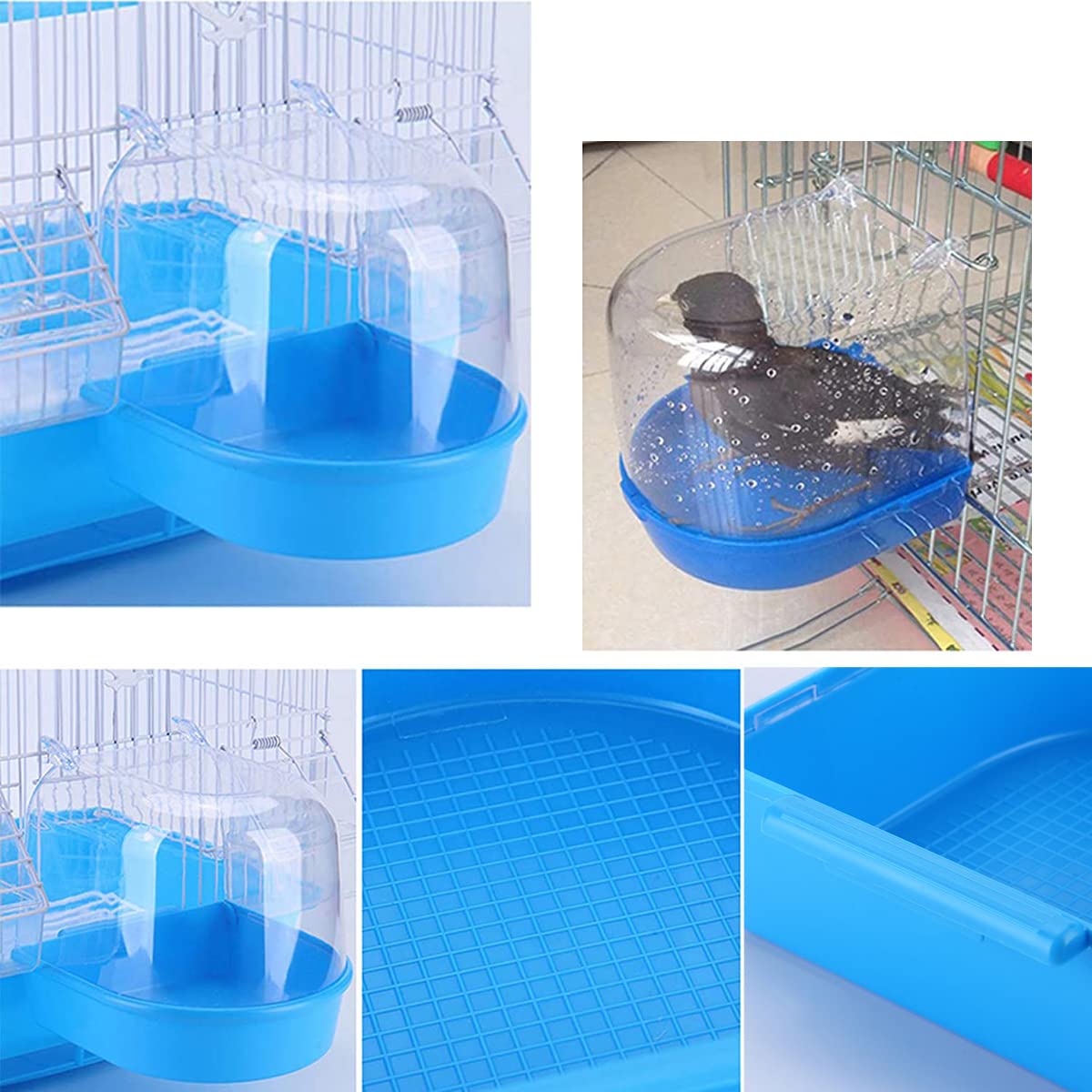 Oiseau Baignoire, Baignoire Bird avec Crochets, Baignoire pour Oiseaux Cage pour Le Bain Accessoire de Cage de Baignoire pour Pinsons, Perruches, Alouettes et Petits Oiseaux (Bleu13X13X13.5cm)
