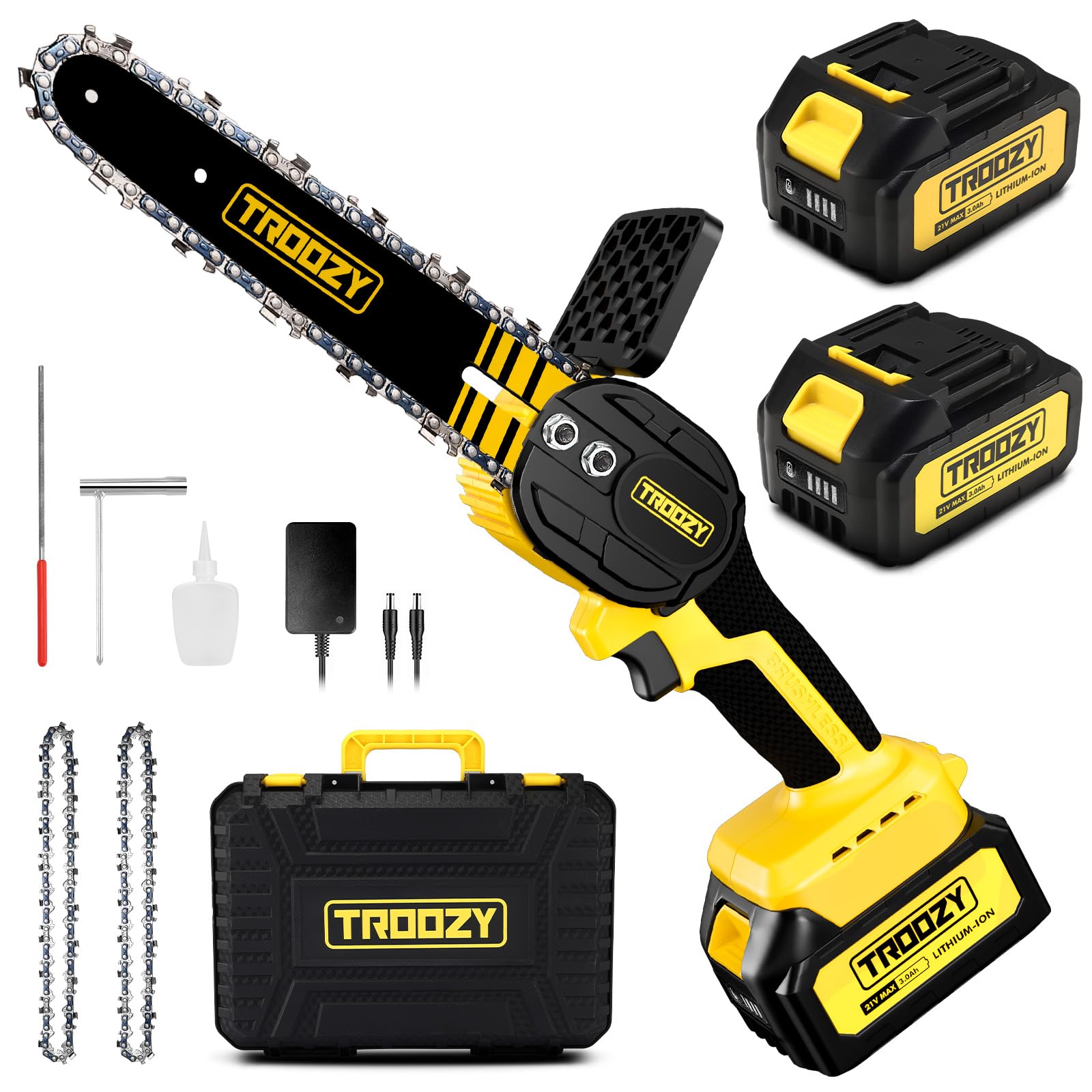 Mini Motosega a Batteria Brushless, Sega a Batteria per Potatura 2×3000 mAh fino a 200min, Potatore Elettrica 21V / 6 Pollici, Elettrosega per legno, Tagliarami per potatura, Pochi