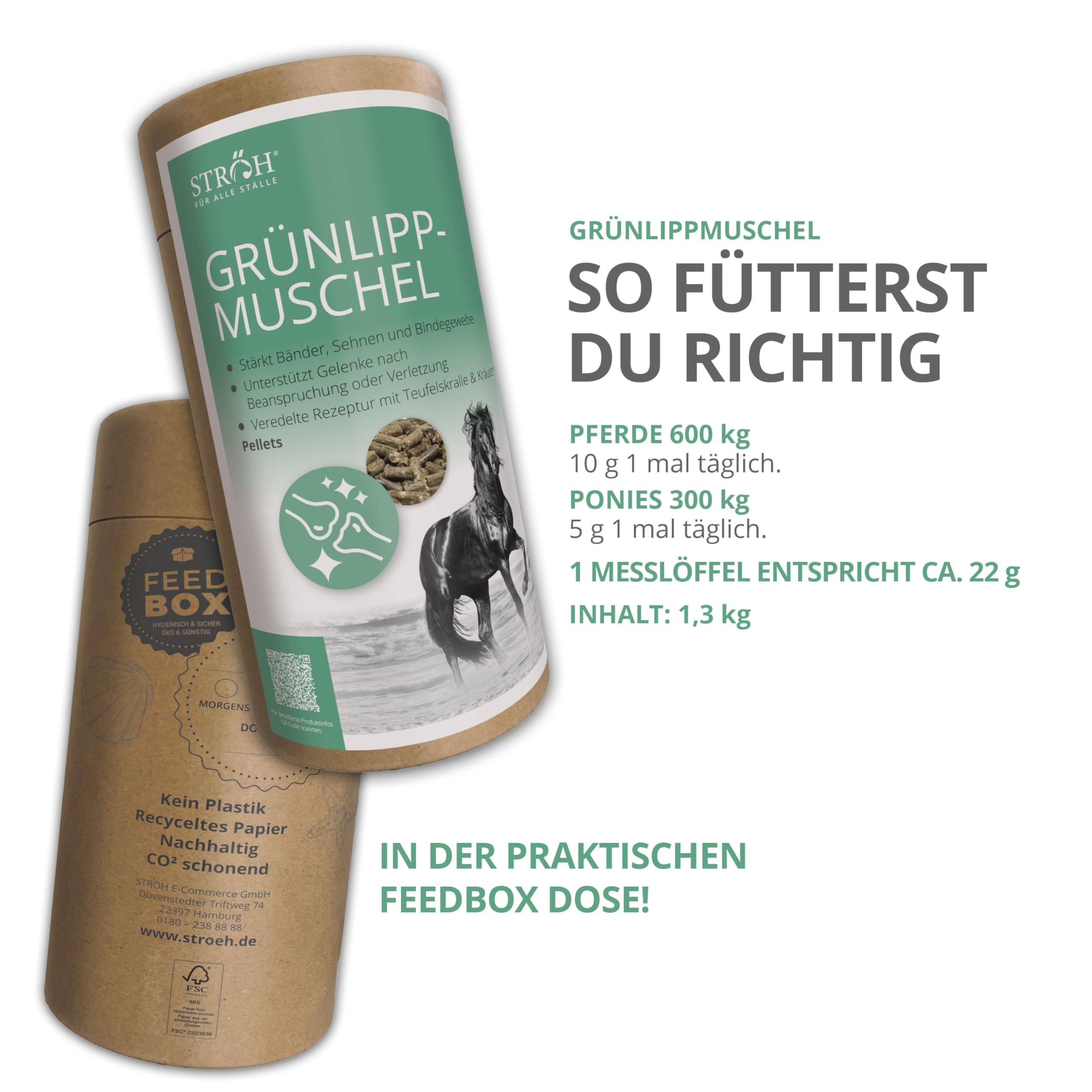 STRÖH Grünlippmuschel Pellets für Pferde - 1,3 kg Feedbox Dose - Natürlich