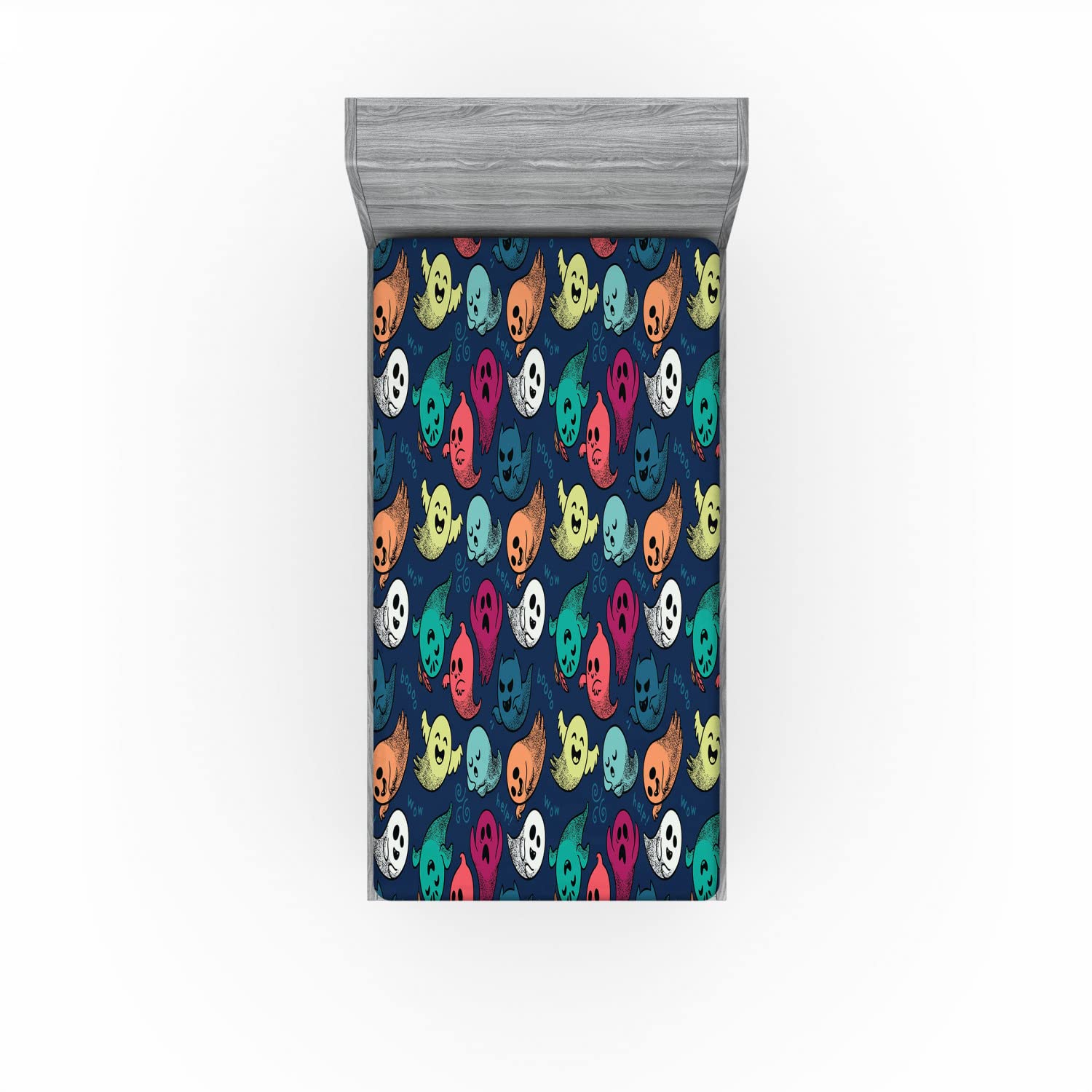 Ambesonne Halloween 2 Pack Fitted Sheet, Colorful Spooky Ghosts, Bed Cover All-Round Elastic Deep Pockets 2 Pieces, Package Contains 2 Twin Size Fitted Sheets, Multicolor