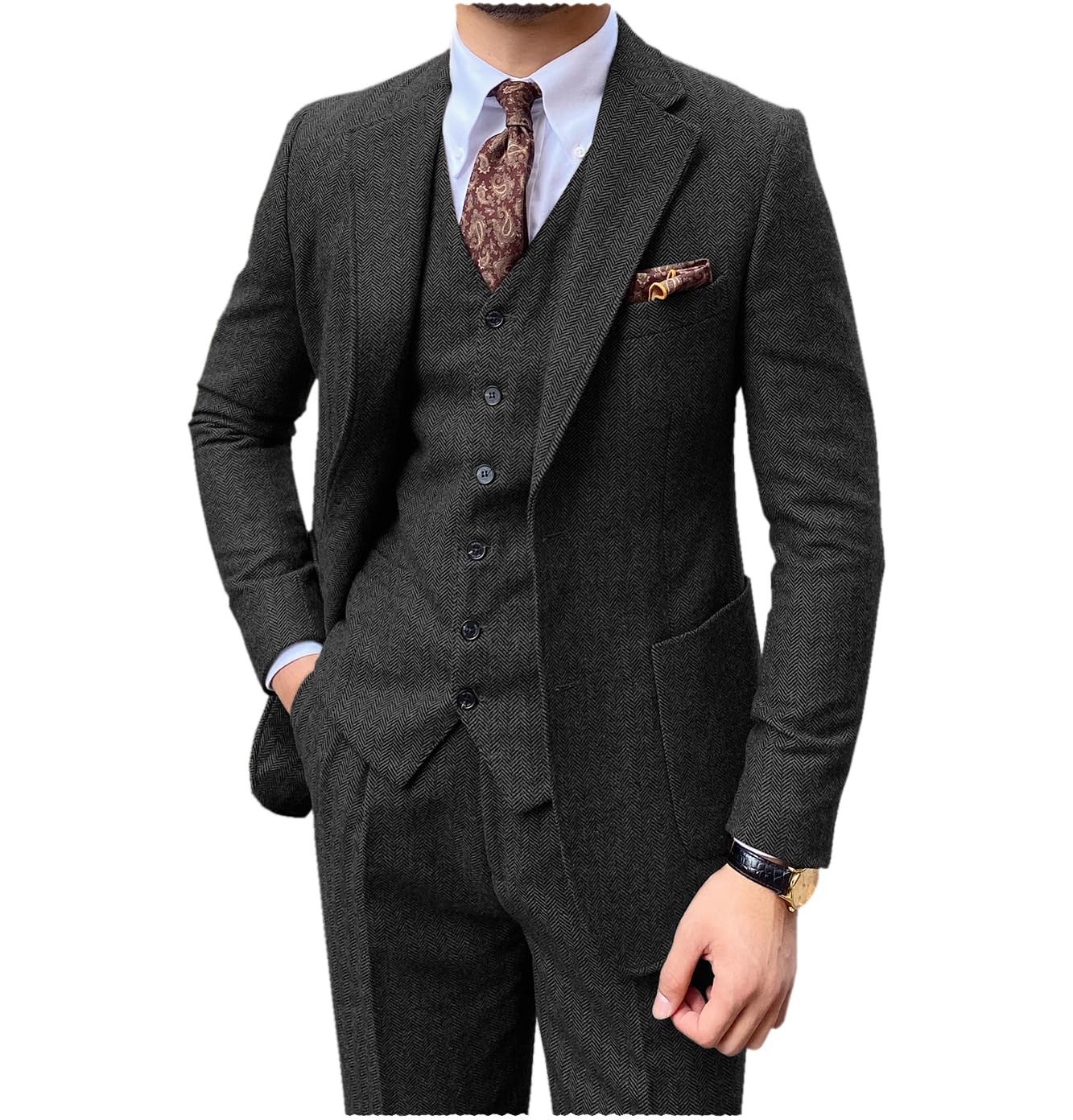 Tuikayoo Lot de 3 costumes en tweed à chevrons pour homme - Coupe ajustée - Pour le bal de fin d'année