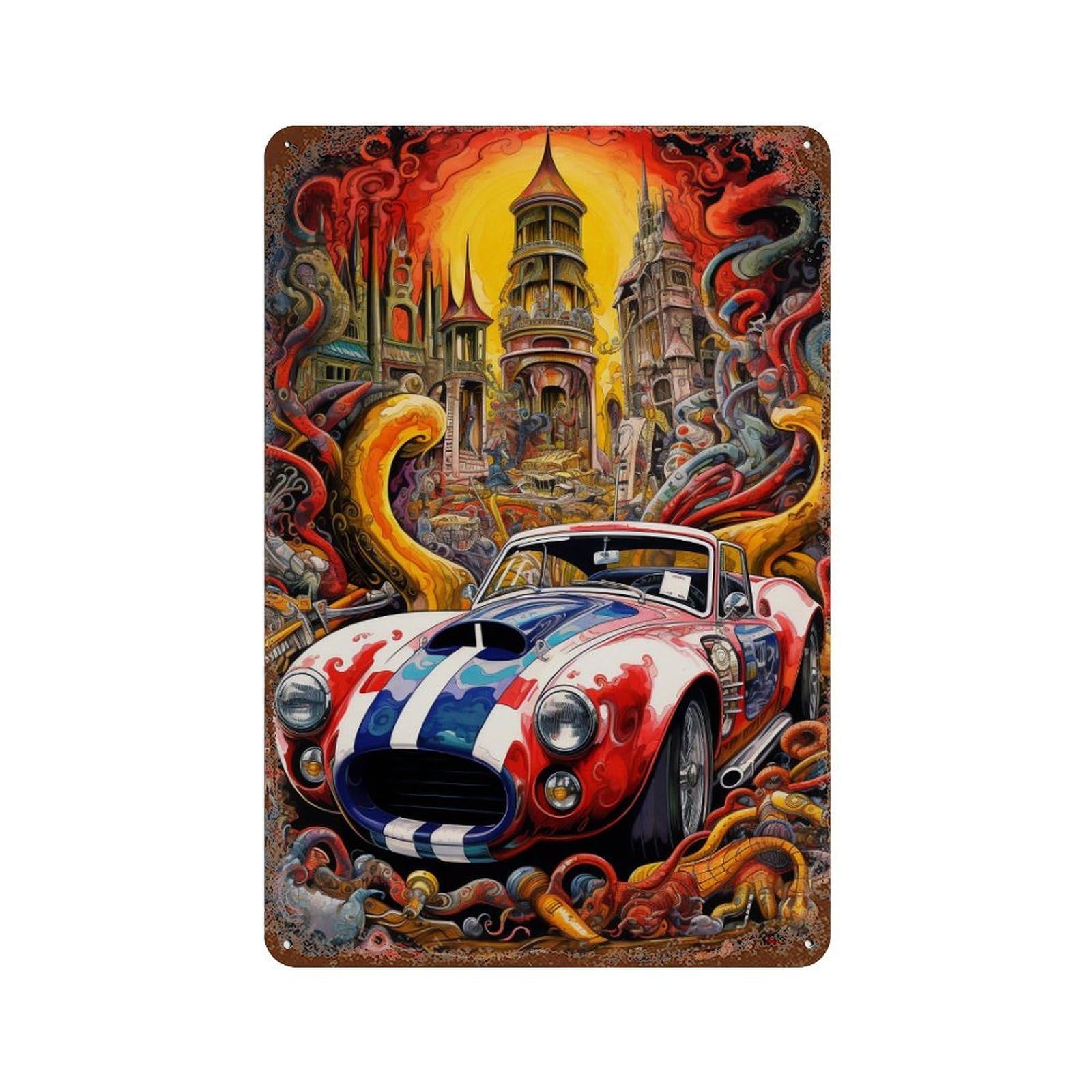 Garage Style Fantasy Car Artwork Weathered Tin Sign 11.8"x7.9", Classic Wall Plaque for Bar And Workshop