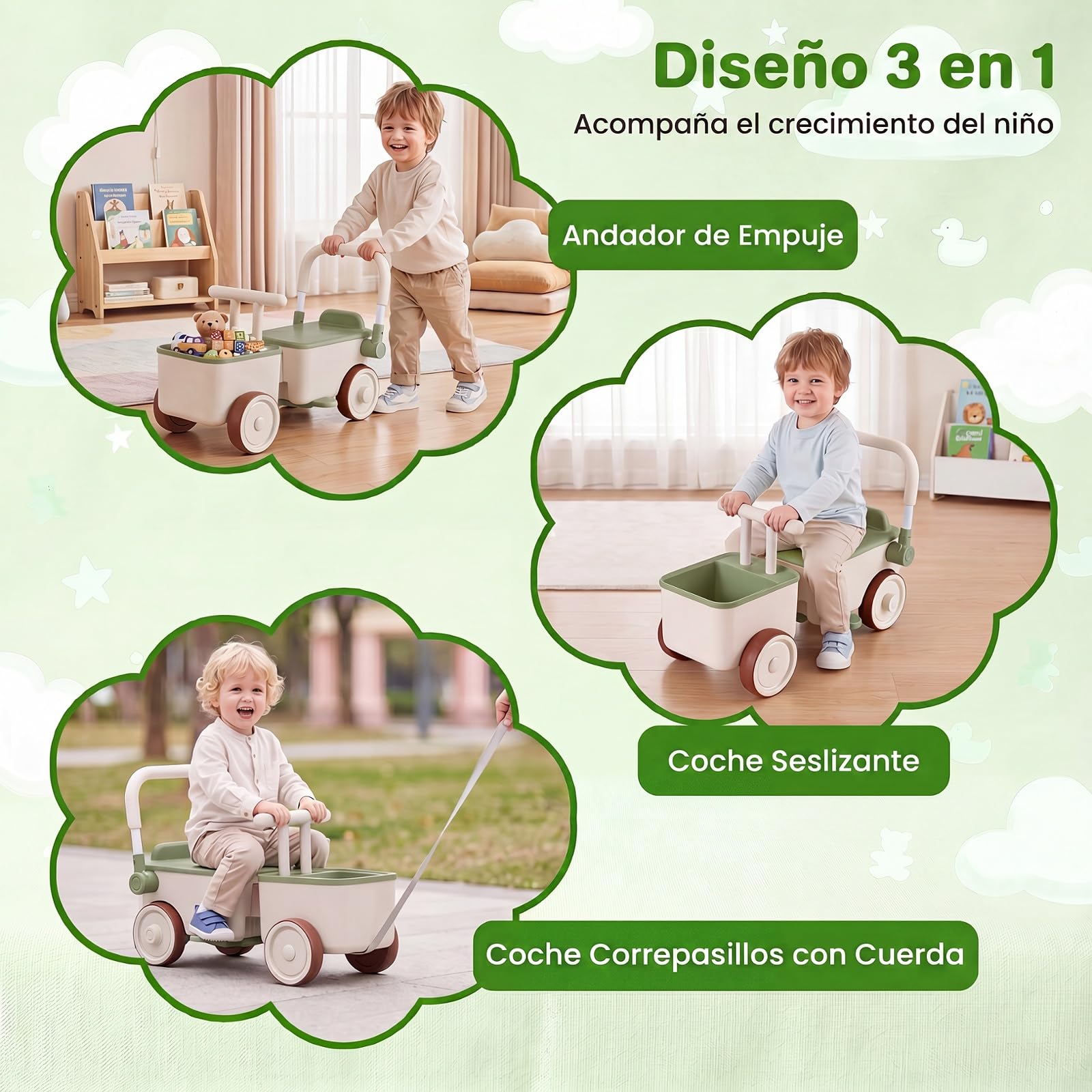 COSTWAY 3 en 1 Correpasillos para Niños, Cochecito de Empuje (Verde)