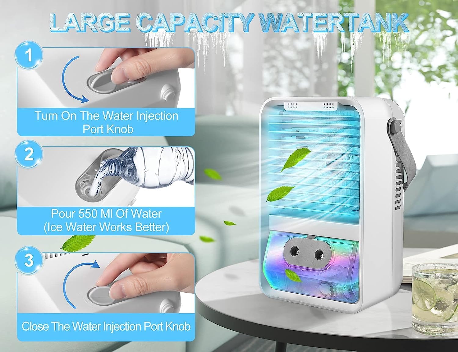 Portable Air Conditioners Fan, Evaporative Mini Air Cooler with 3 Speeds 7 Colors, Misting Humidifier Personal Air Cooler Touch Screen Desktop Cooling Fan with Large Water Tank for Home Room Office