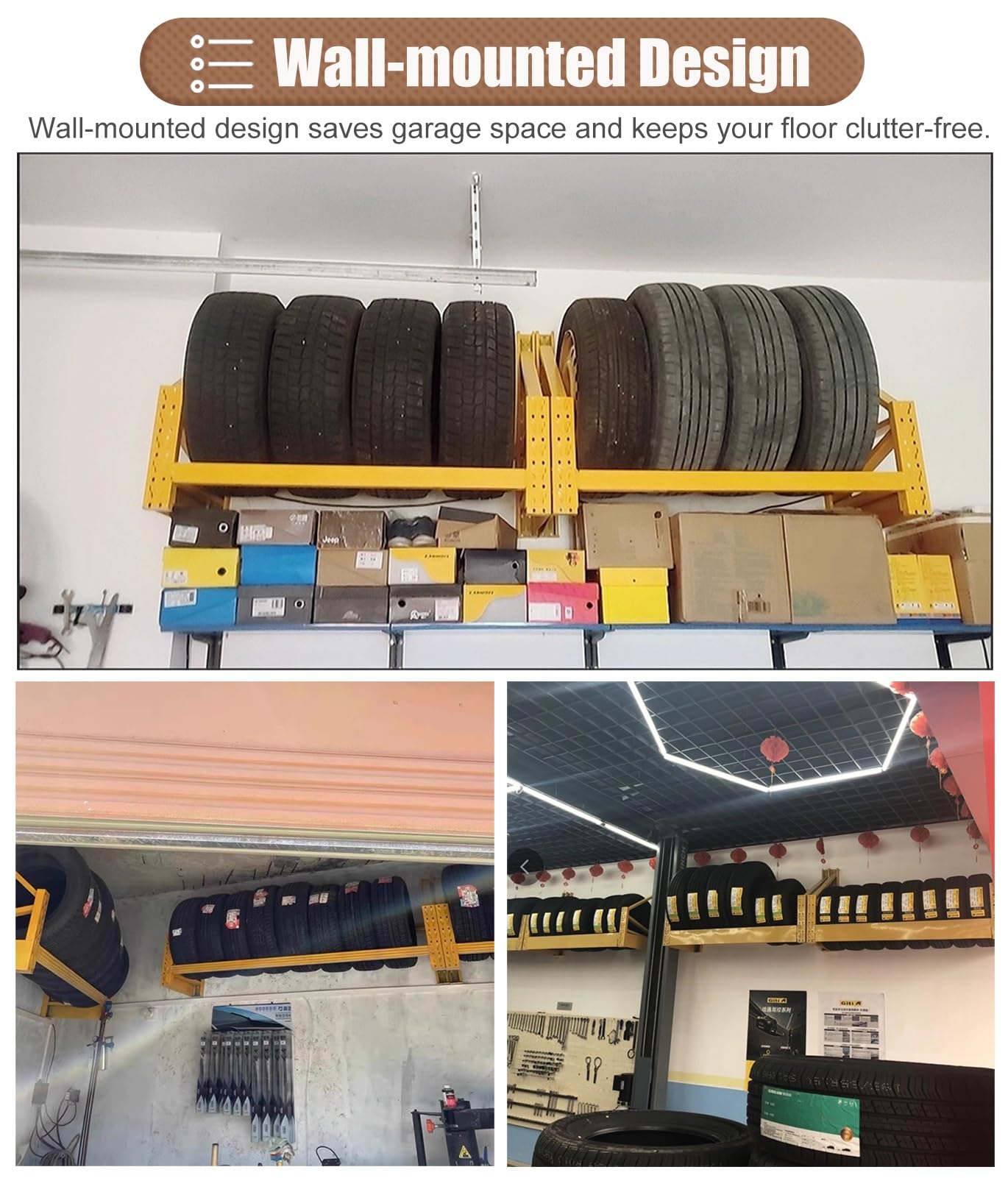 Estante de almacenamiento de neumáticos resistente para montaje en pared, soporte para neumáticos de garaje, estante organizador colgante de metal para sótano y tienda