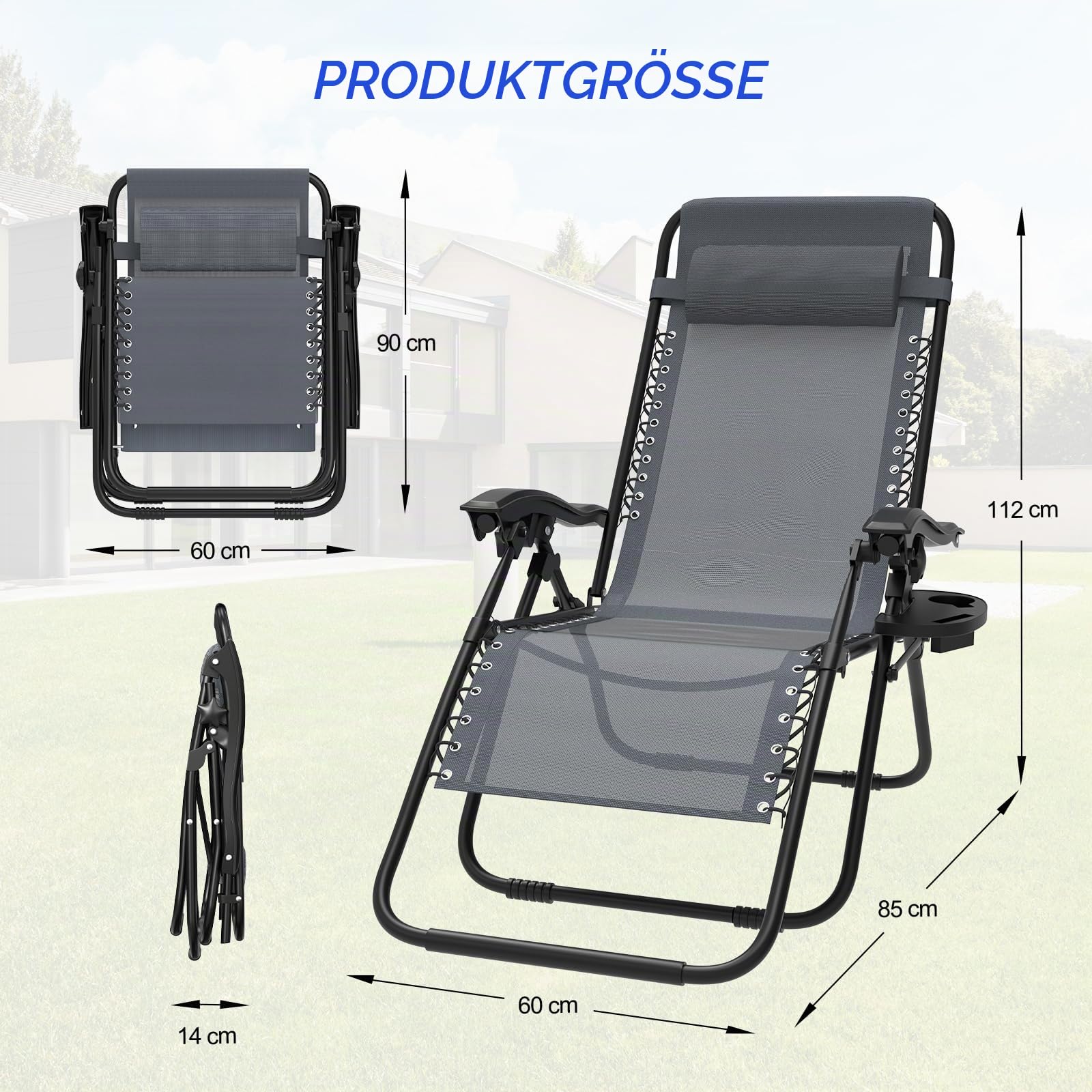 2er Set Klappbarer Liegestuhl, Gartenliege Extra Breit 64cm-Textilene-Relaxliege Verstellbar Rückenlehne mit Getränkehalter & Kissen, Faltbar Sonnenliege Tragbar für Camping Balkon, bis 120kg, Grey