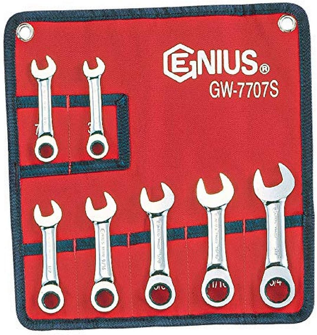GeniusTools (GW-7707S) SAE Stubby Combination Ratcheting Wrench Set