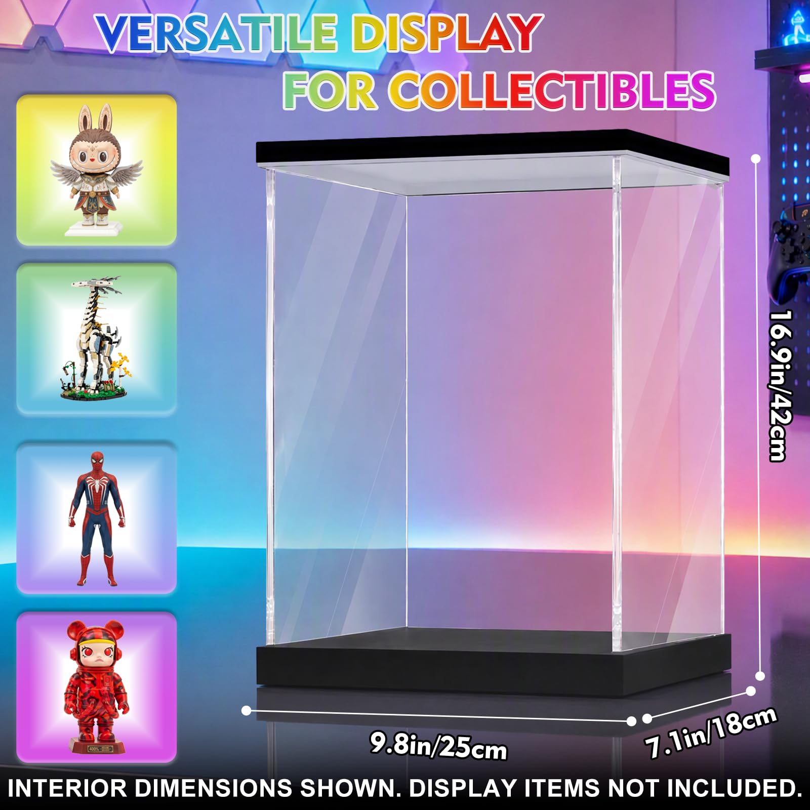 LANSCOERY Vitrine lumineuse RVB en acrylique, boîte de vitrine anti-poussière avec protection UV pour figurines, objets de collection, jouets - 24,9 x 18 x 41,9 cm