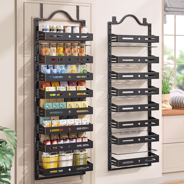 8-Tier Over The Door Pantry Organizer Pantry Organization and Storage with Adjustable Basket, Door Spice Rack for Kitchen, Bathroom (Black, 8-Tier (17.1"W x 5.7"D x 72.6"H))