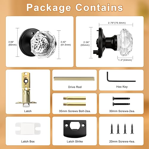 Miniatura 7 de Gobrico Paquete de 6 pomos de puerta interior de diamante para puerta de camabaño, color negro mate, función de privacidad, herrajes para puerta,