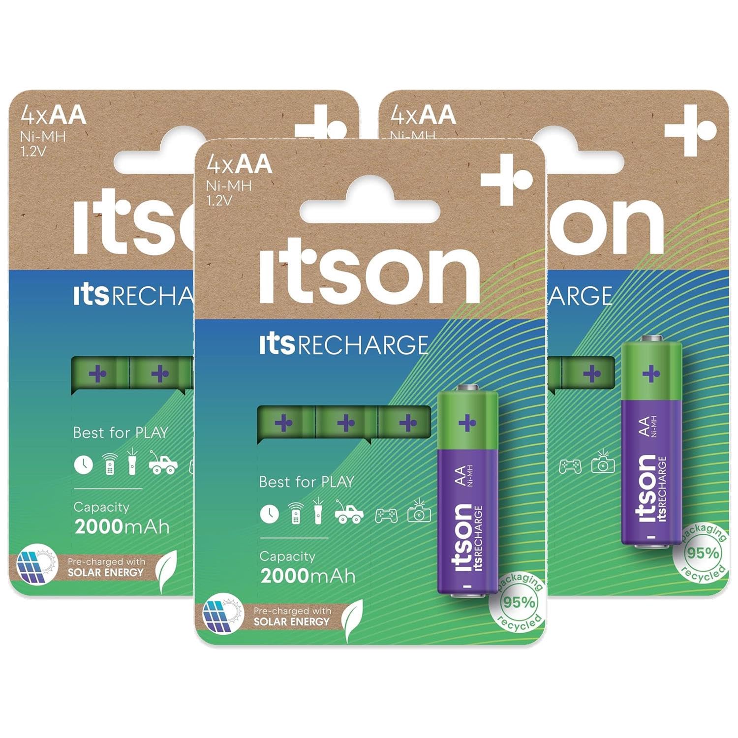 ITSON Lot de 3 x 4 Piles Rechargeables AA prêtes à l'emploi Pro NiMH, 2000 mAh. Idéales pour télécommandes, Torches, horloges