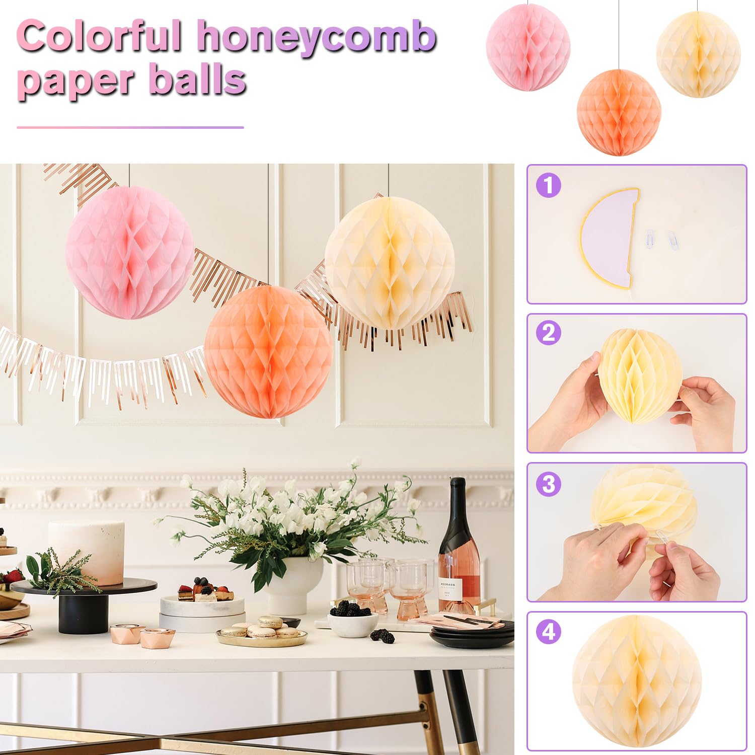Set di palloncini decorativi per compleanno, ghirlanda di palloncini e spirali, decorazione di compleanno, pompon di carta, Honeycomb per ragazze e donne