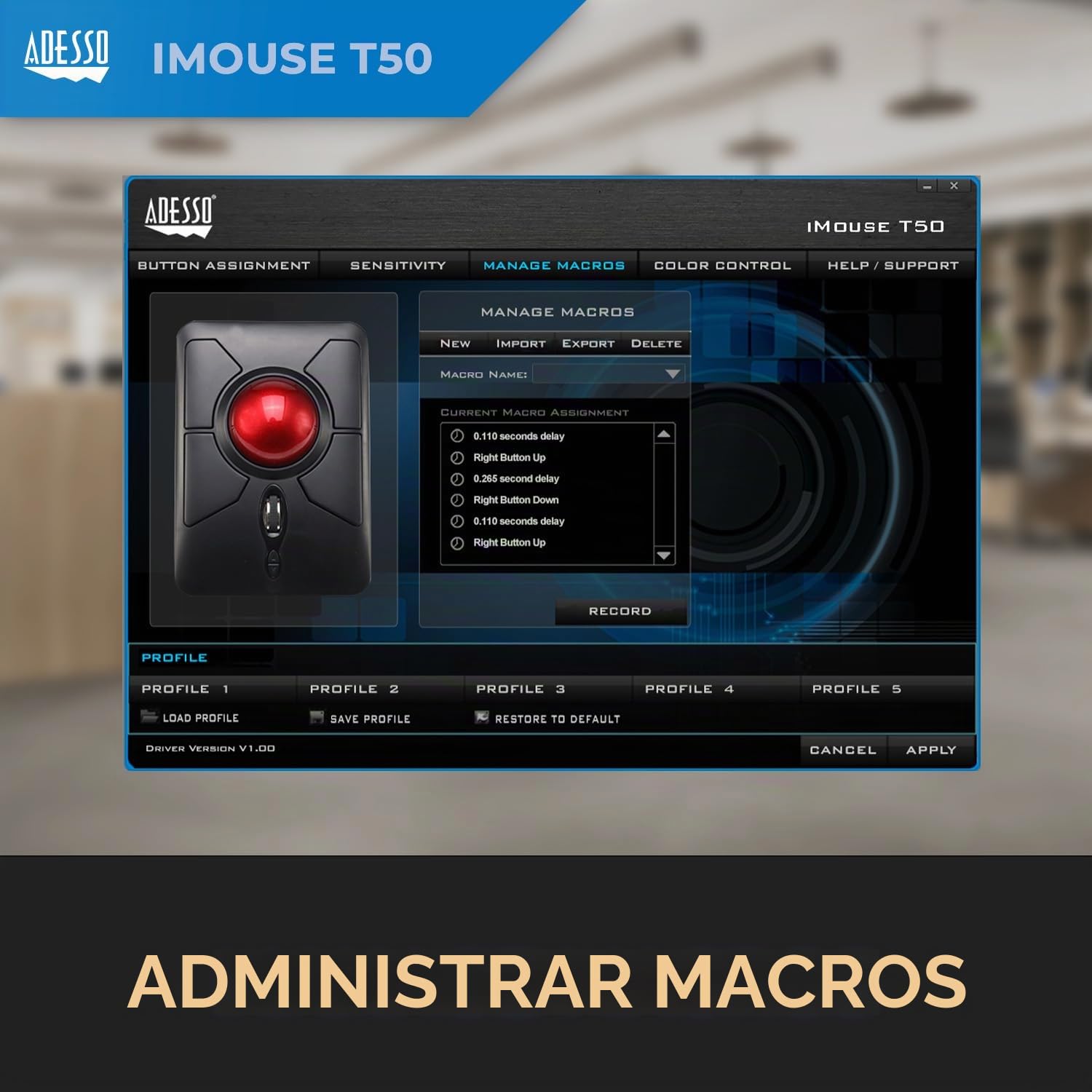 Adesso iMouse T50 - Ratón (Ambidextro, Trackball, RF Wireless, 4800 DPI, Black, Rojo)