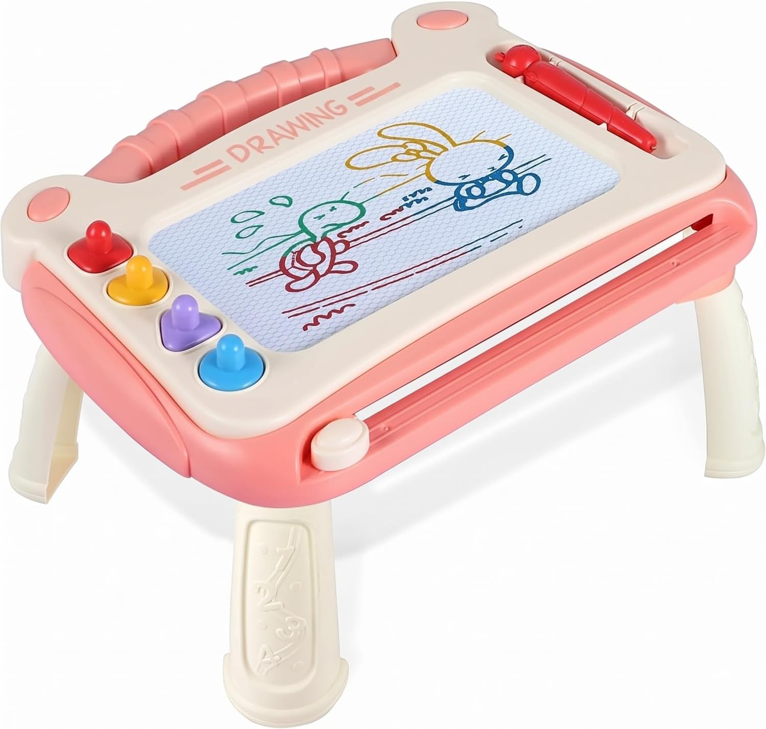 Mumoobear Magnetic Drawing Board Toddler Doodle Pad Pink | 4 color erasable sketch pad with 4 detachable legs and stamps, portable travel doodle board for kids ages 3 and up, pink