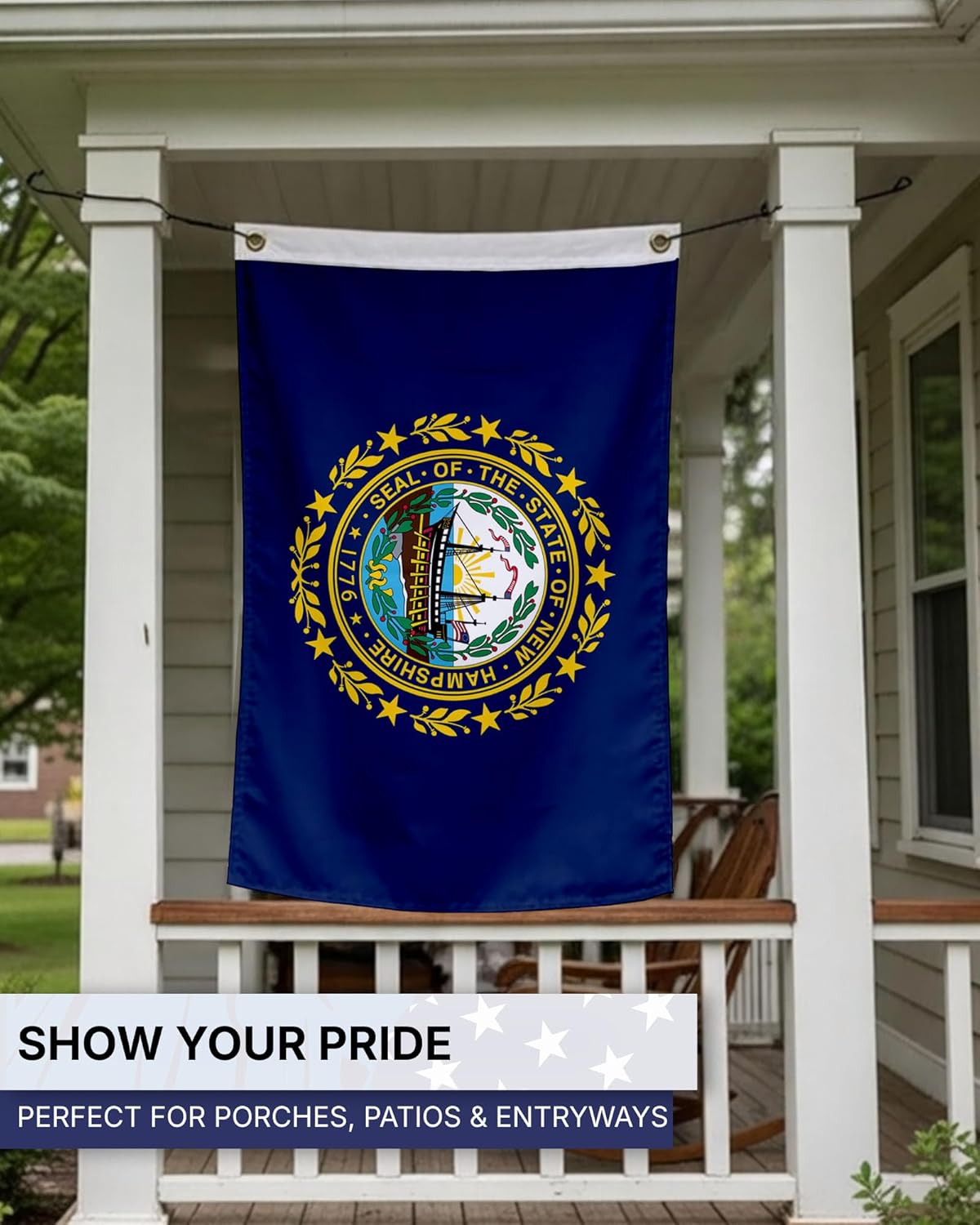 AGAS New Hampshire State Flag 3x5 Ft - Double Sided Reverse Print On Back 200D Nylon - Brass Grommets Stitched Edges Fade Proof Sharp Colors - Indoor/Outdoor Standard Size New Hampshire Flag