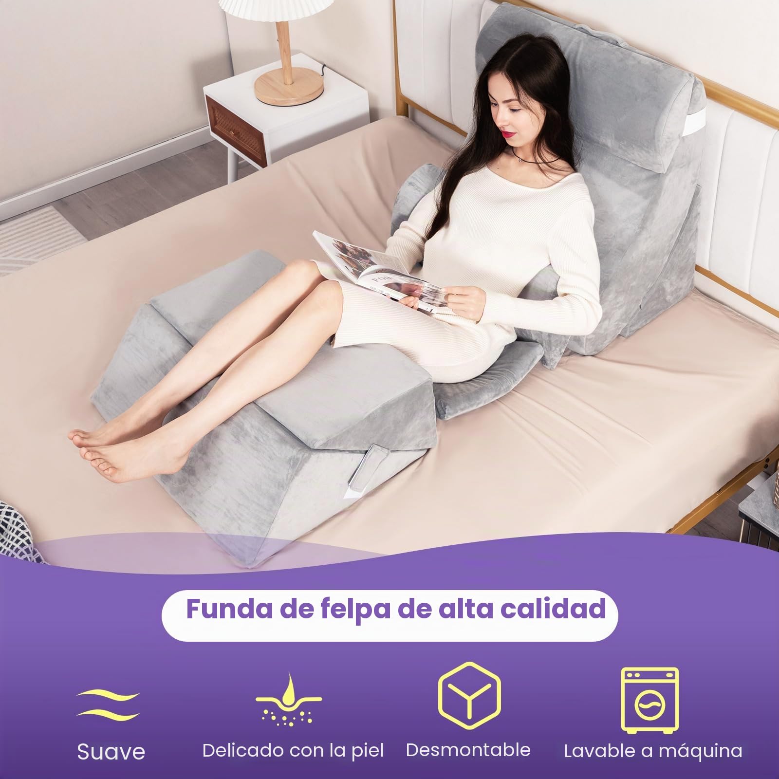GOPLUS - Juego de 7 cojines de lectura, inclinados para aliviar el dolor, cojín de espuma con memoria de forma ajustable, con funda lavable para dormir, operación lectura(gris, juego de 7)