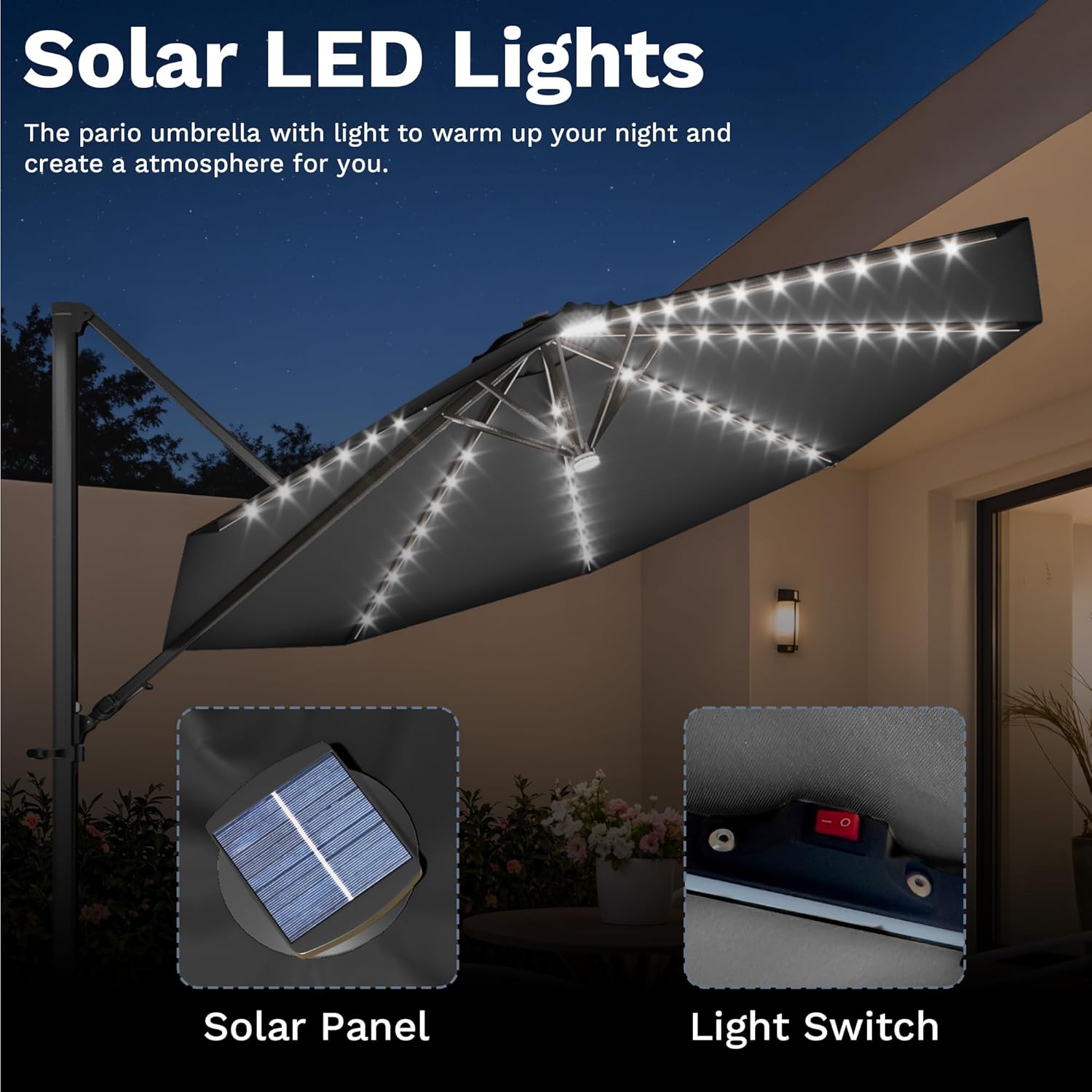 Close-up of solar panel and light switch for LED lights