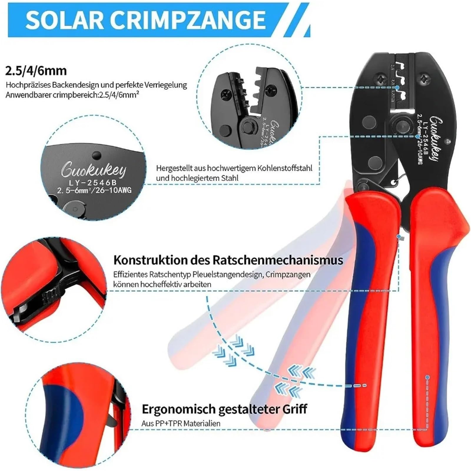 10 juegos de conectores fotovoltaicos + 4 herramientas de crimpado para conectores solares para cables de panel solar de 2,5/4/6 mm² + pelacables