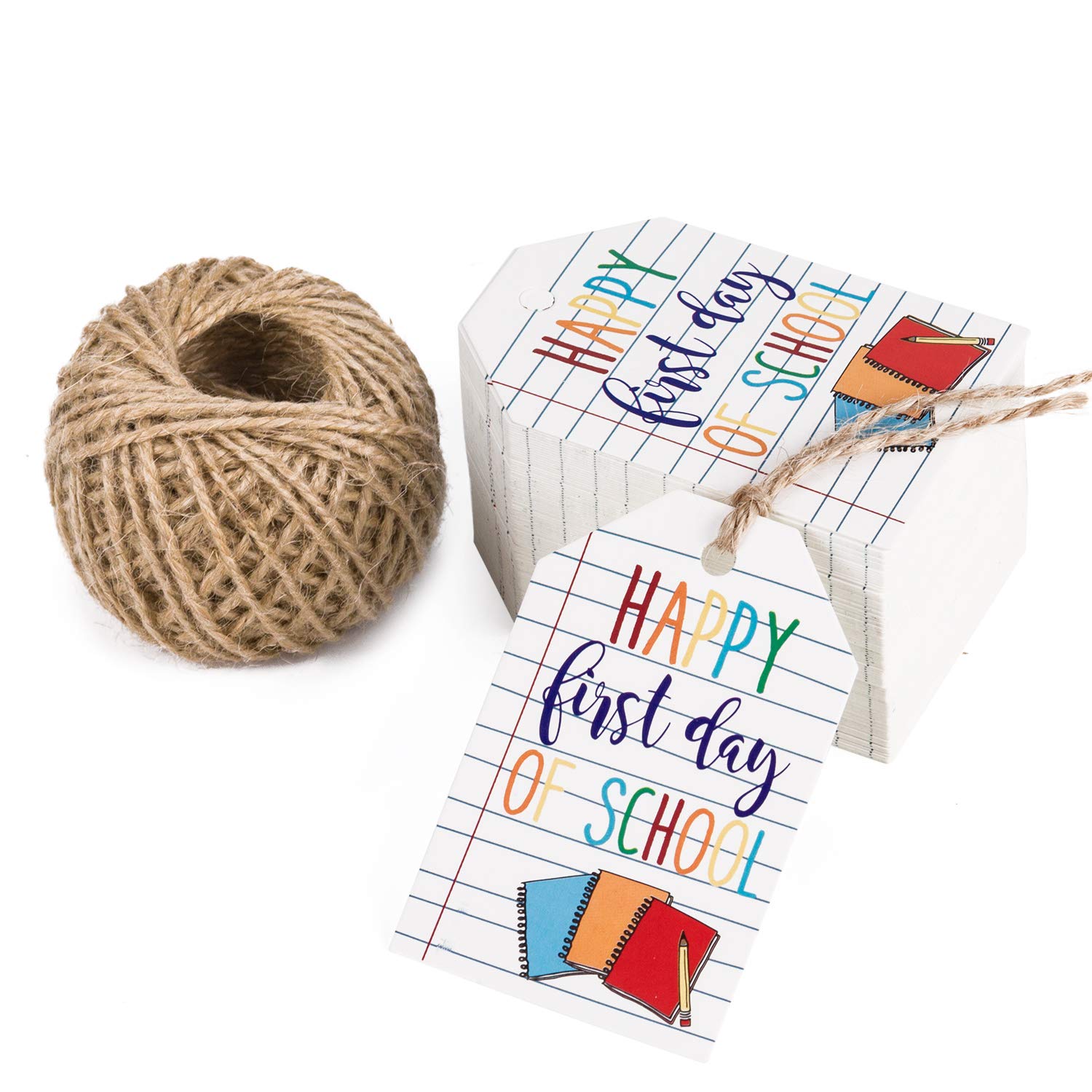 WRAPAHOLIC Back to School Gift Tags with String - 100PCS First Day of School Gift Tag, Teacher Printable Paper Tags with 100 Feet Natural Jute Twine
