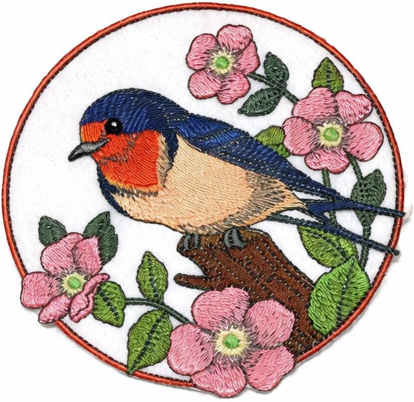 Amazing Barn Swallow and Wild Rose Circle Custom Embroidered Iron on/Sew Patch [5" X 5"] [Made in USA] by BeyondVision
