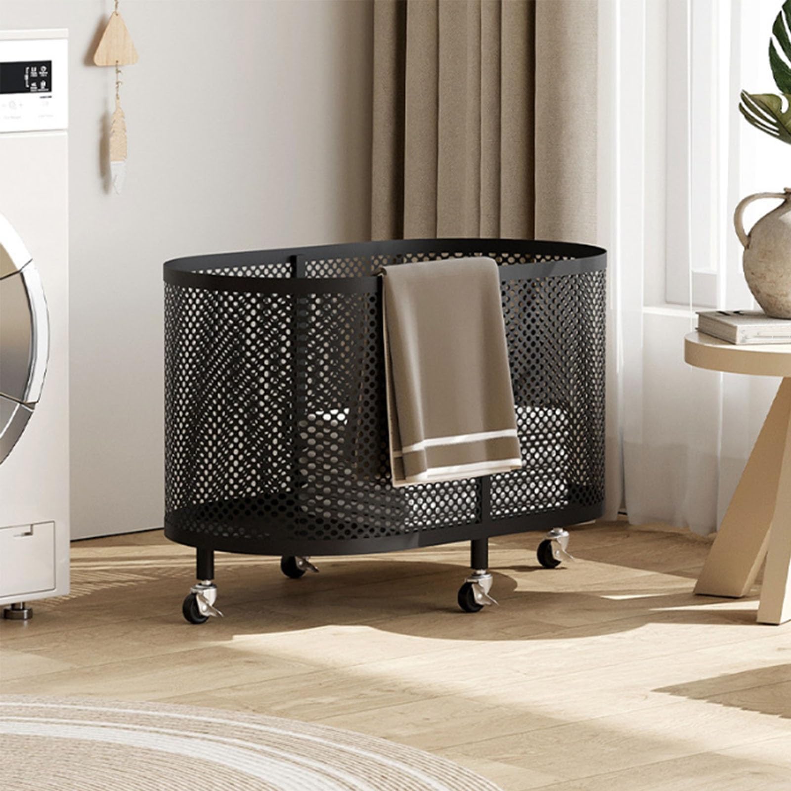 MRKU Folding Laundry Basket Household Storage Metal with Wheels,Rolling Cart,Baking Varnish Process,Raised Guardrail Design