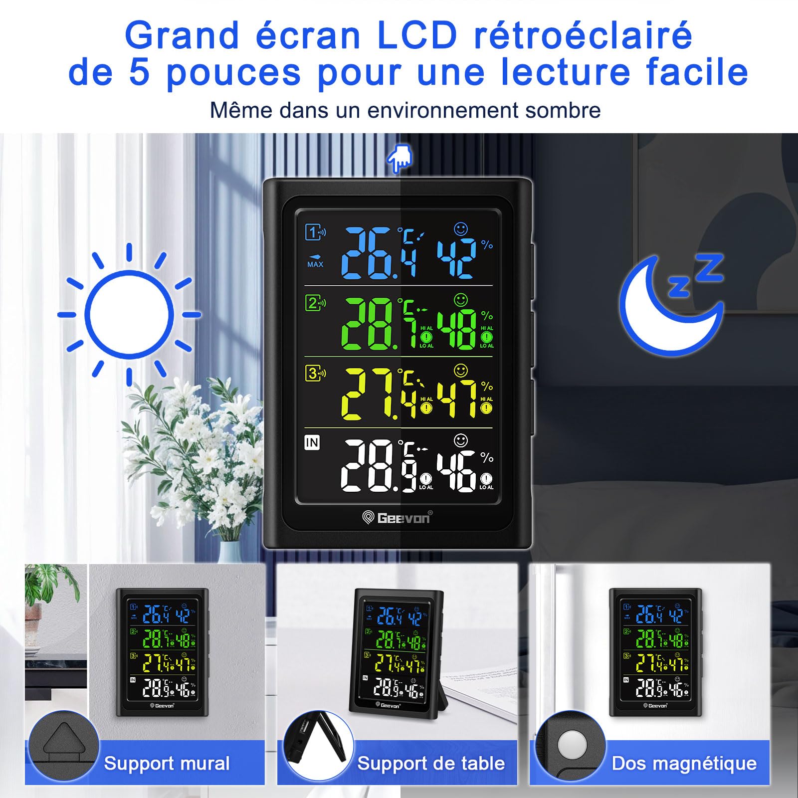 Geevon Thermomètre intérieur extérieur sans fil avec 3 capteurs à distance, hygromètre électronique, jauge de température avec portée de 60m Conditions sans obstruction
