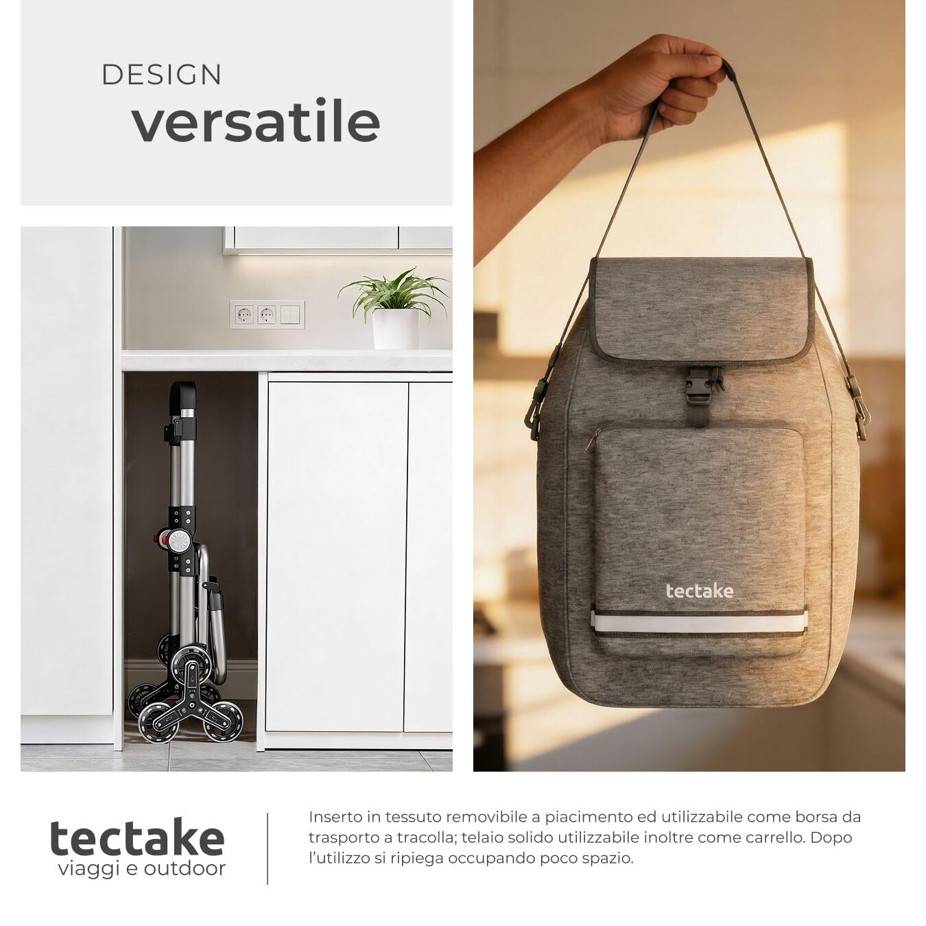 tectake® Carrello Spesa Shopper 3 in 1, Trolley Pieghevole con Borsa Termica per Surgelati, Carrello con Ruote Portatutto, Carrellino Spesa Con Ruote a Stella, Capacità max 30 kg / 56 L - Grigio