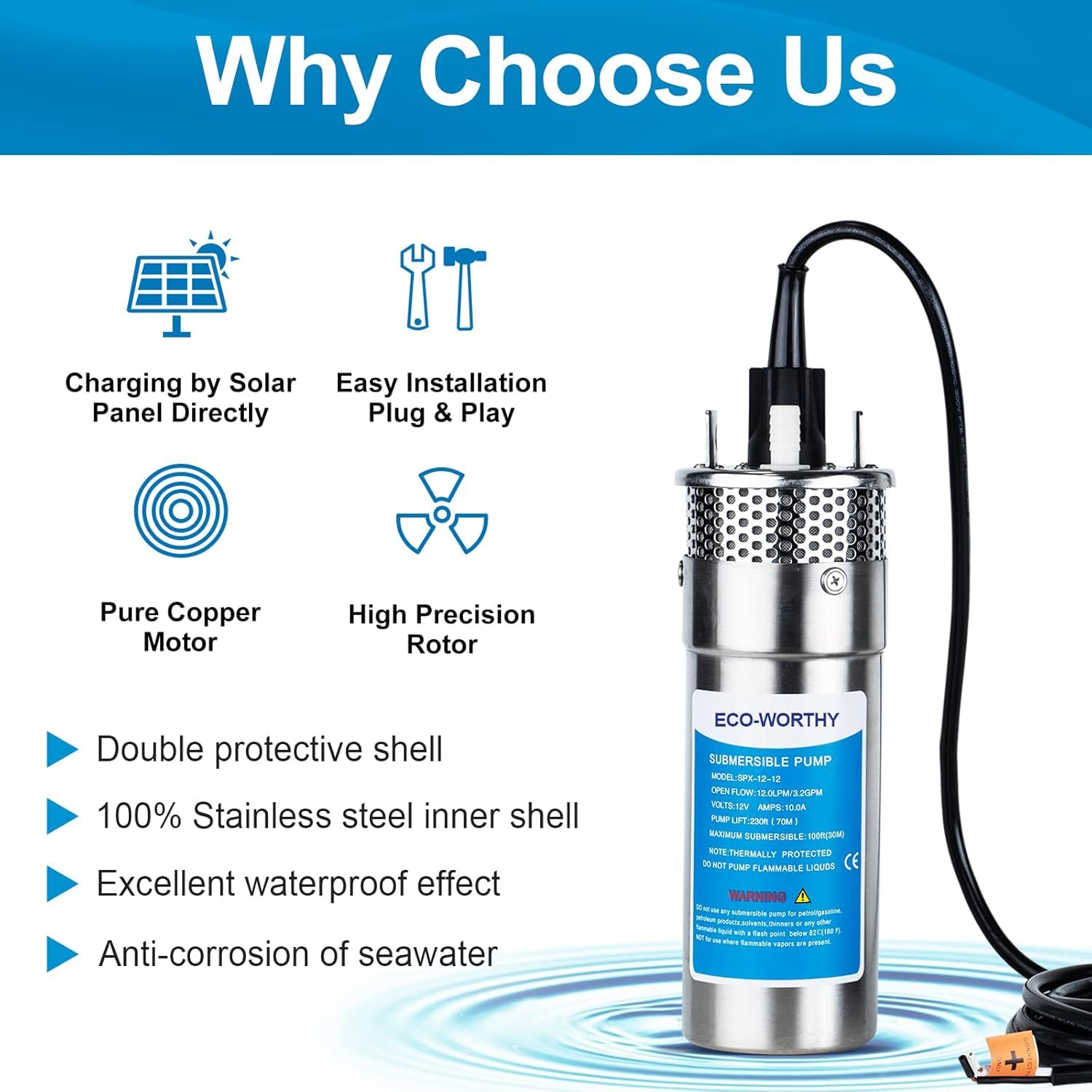 DCHOUSE 200W Kit de pompe submersible solaire à puits profond avec pompe à eau solaire 12V + panneau solaire 2PCS 100W(Câble en Y non inclus, achat supplémentaire nécessaire)