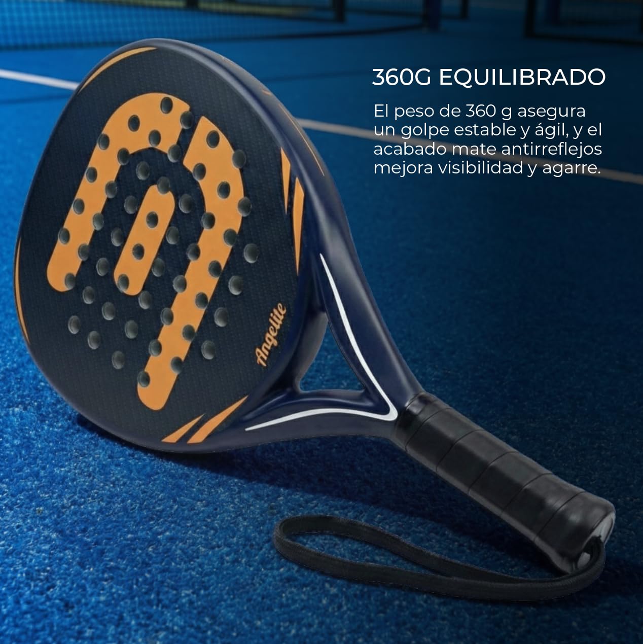 Pala de pádel Angelite AG1 con 2 años de garantía | Marco Ligero y Resistente de Fibra de Carbono de 360 g, Superficie de Fibra de Vidrio y Espuma EVA FlexCore para un Control máximo