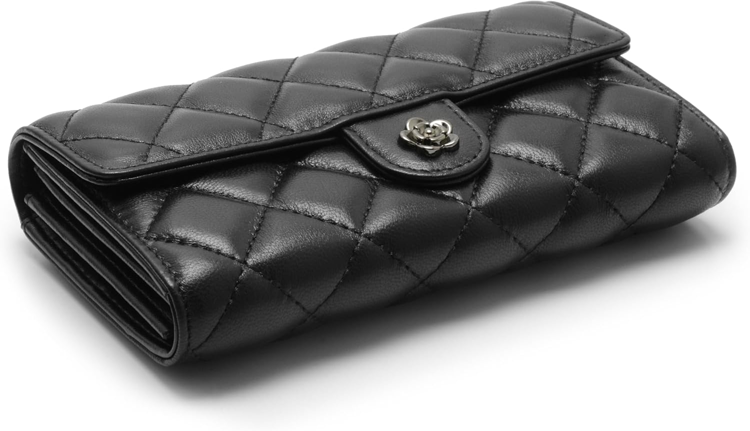 2R Quilted Genuine Leather Clutch Wallet with Chain Strap, Soft Lambskin, Diamond Pattern, Black - Image 2