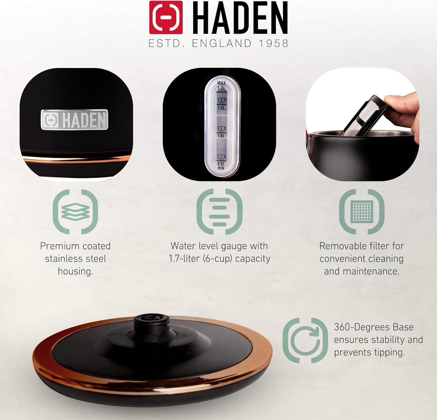 Close-up of Haden Heritage Electric Kettle highlighting features like water level gauge, removable filter, and 360-degree base.