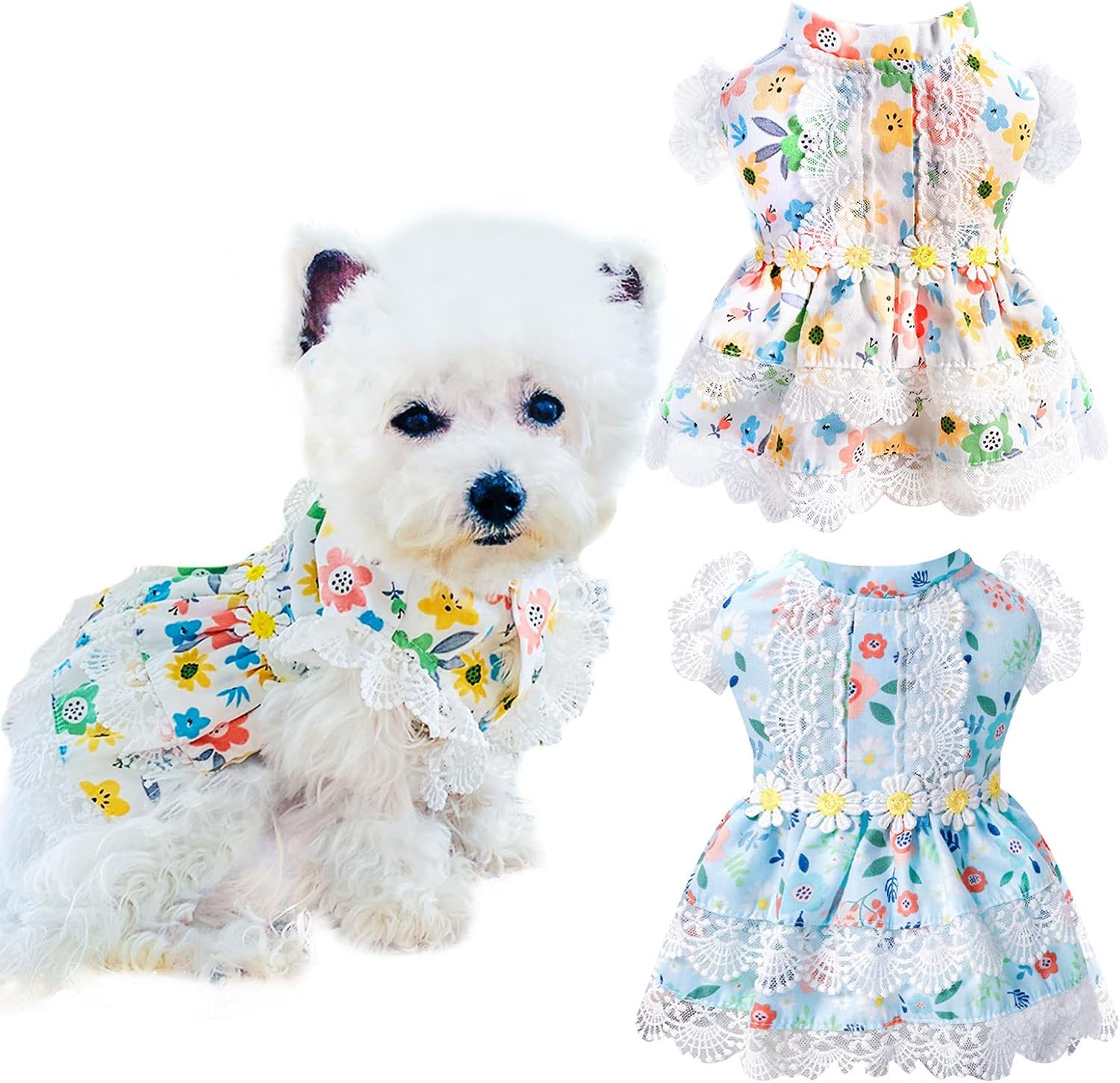 ABRRLO 2 Pack Dresses for Small Dogs Female Girls Puppy Cat Summer Dog Clothes Cute Floral Lace Pet Princess Birtyday Dress Costume…