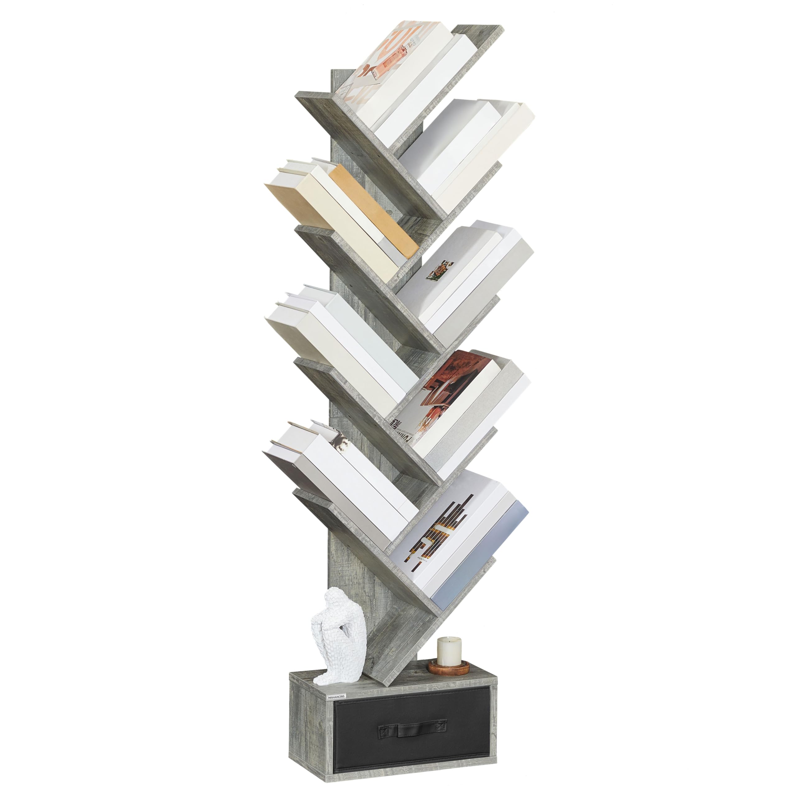 MAHANCRIS Tree Bookshelf, 9-Tier Bookshelf with Drawer, Wooden Book Storage Rack, Floor Standing Bookcase, Utility Organizer Shelves for CDs/Books/Movies, for Living Room, Brownish Greige BKGC7101