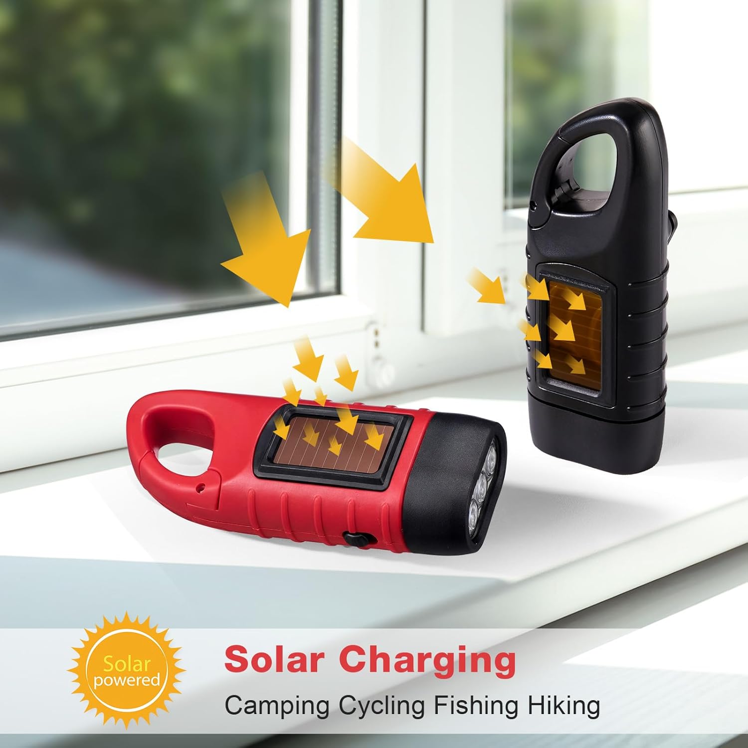 Mudder 4 Pack Hand Crank Solar Powered Flashlight Emergency Rechargeable Led Flashlight Survival Gear Self Powered Charging Torch for Hiking Backpack Camping Safety Emergency Pack (Black, Red)