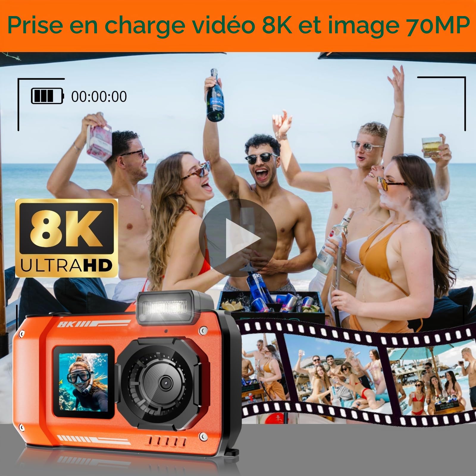 MaxMango D50 8K 70MP Appareil Photo Etanche，33FT Camera Etanche avec 64 Go de Stockage, Double écran 18x, Résistante à la Poussière et Aux Chocs, Autofocus