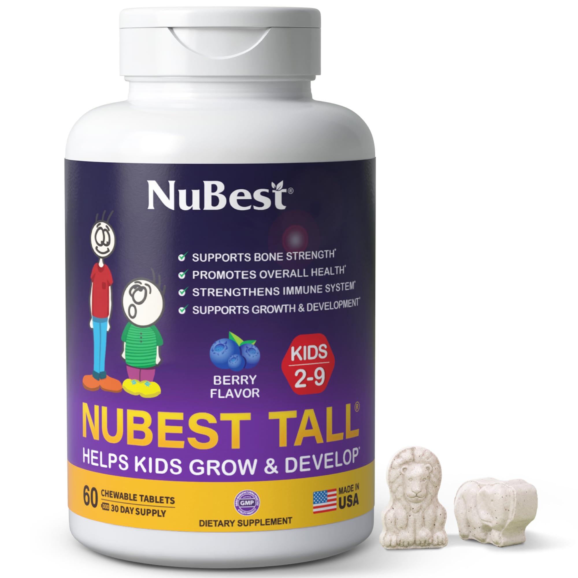NuBest Tall Kids - Multivitamins &amp; Minerals for Age 2 to 9 - Bone Strength &amp; Immunity Support - Helps Kids, Toddlers Healthy - Animal Shapes - 60 Chewable Berry Tablets | 1 Month Supply
