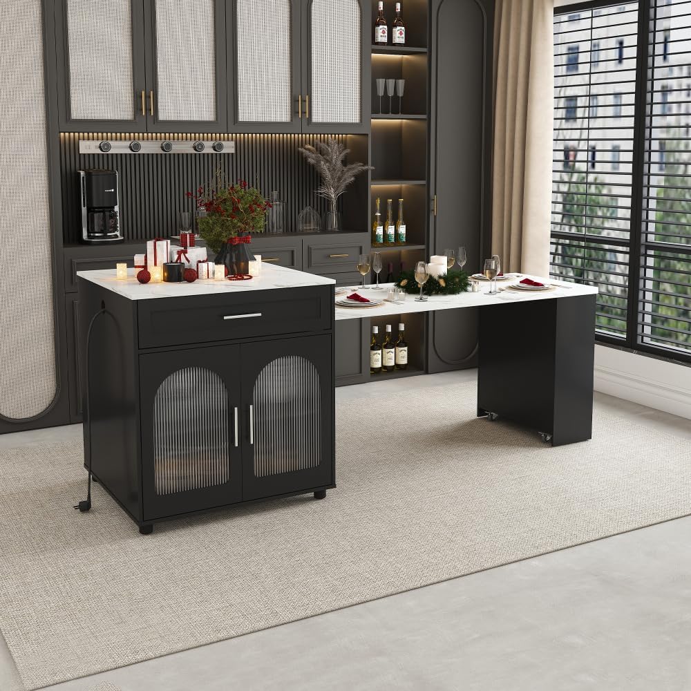 Lispin 80-inch Expandable Kitchen Island with Dining Table, Solid Wood Grain Countertop with Power Outlet, Mobile Storage Cart with Cabinet & 2 Drawers, Kitchen Prep Table (Black + MDF)