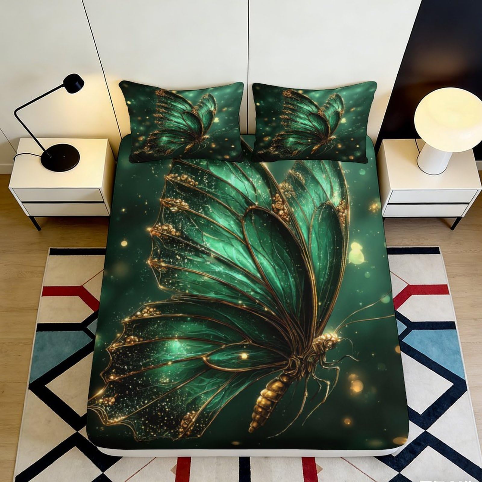 3D Printed Emerald Butterfly Fitted Sheet Microfiber Soft Non-Slip Bed Cover for Bedroom Guestroom Decor Machine Washable 90x200x25cm