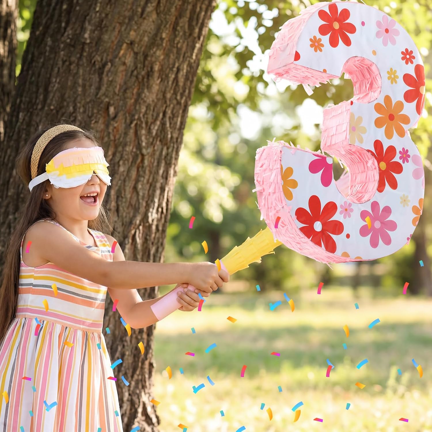 Number 3 Piñata Daisy Piñata Birthday Decorations with Stick Blindfold Confetti for Girls Boys 3rd Birthday Baby Shower Party Supplies